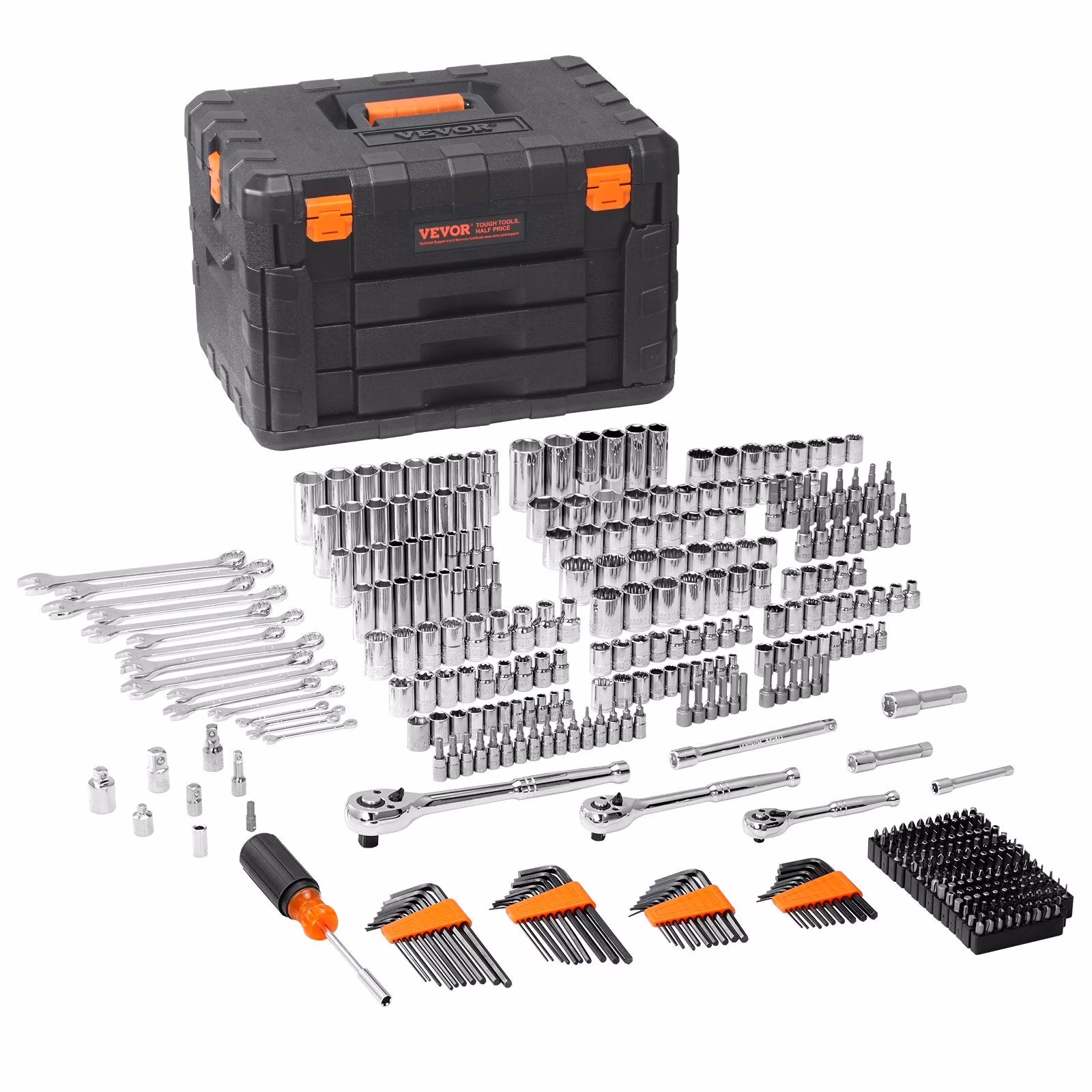Mechanics Tool Set and Socket Set, 1/4 3/8 1/2 Drive Deep and Standard Sockets, 450 Pcs SAE and Metric Mechanic Tool Kit with Bits, Hex Wrenches, Combination Wrench, Accessories, Storage Case