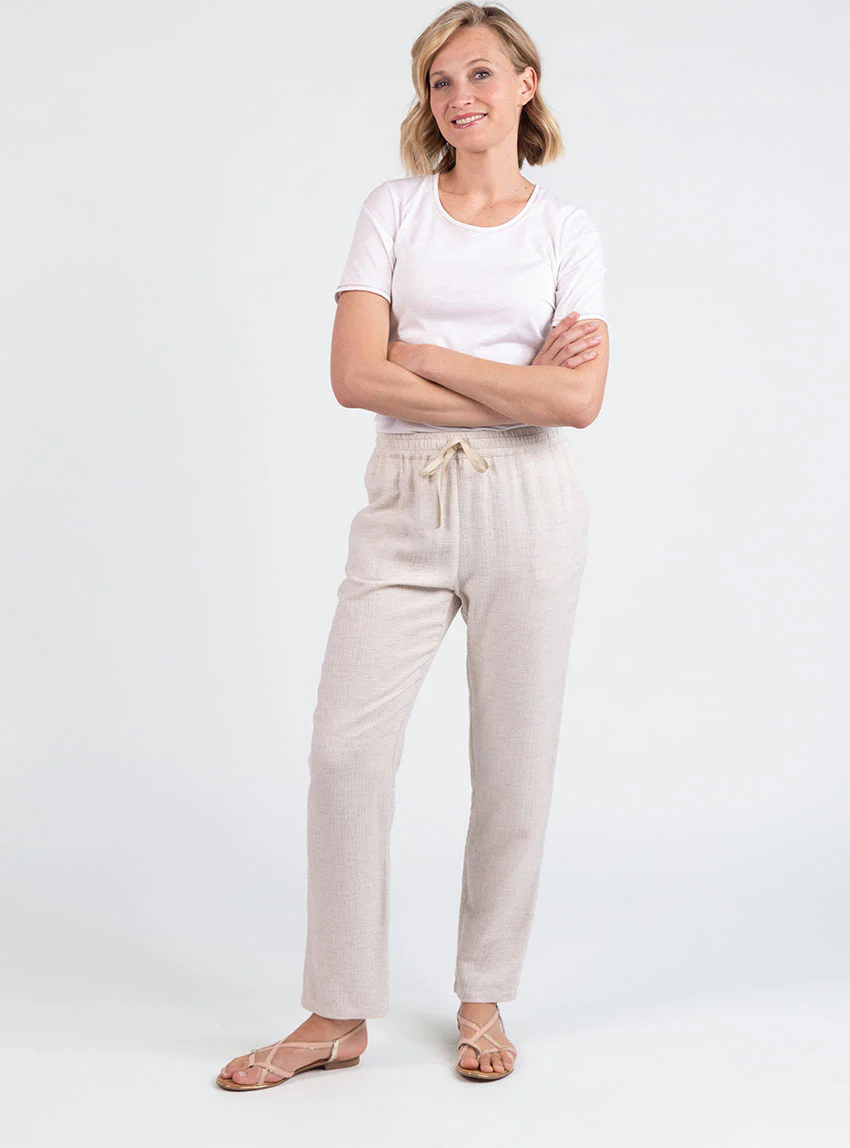 Pantalon femme coton lin beige
