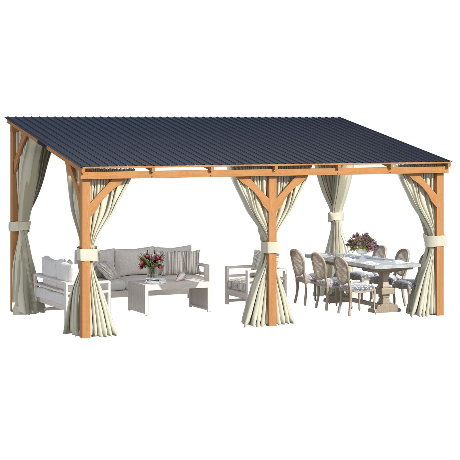 AECOJOY 16x10 Outdoor Wooden Pergola Gazebo with Curtains and Netting for Patio
