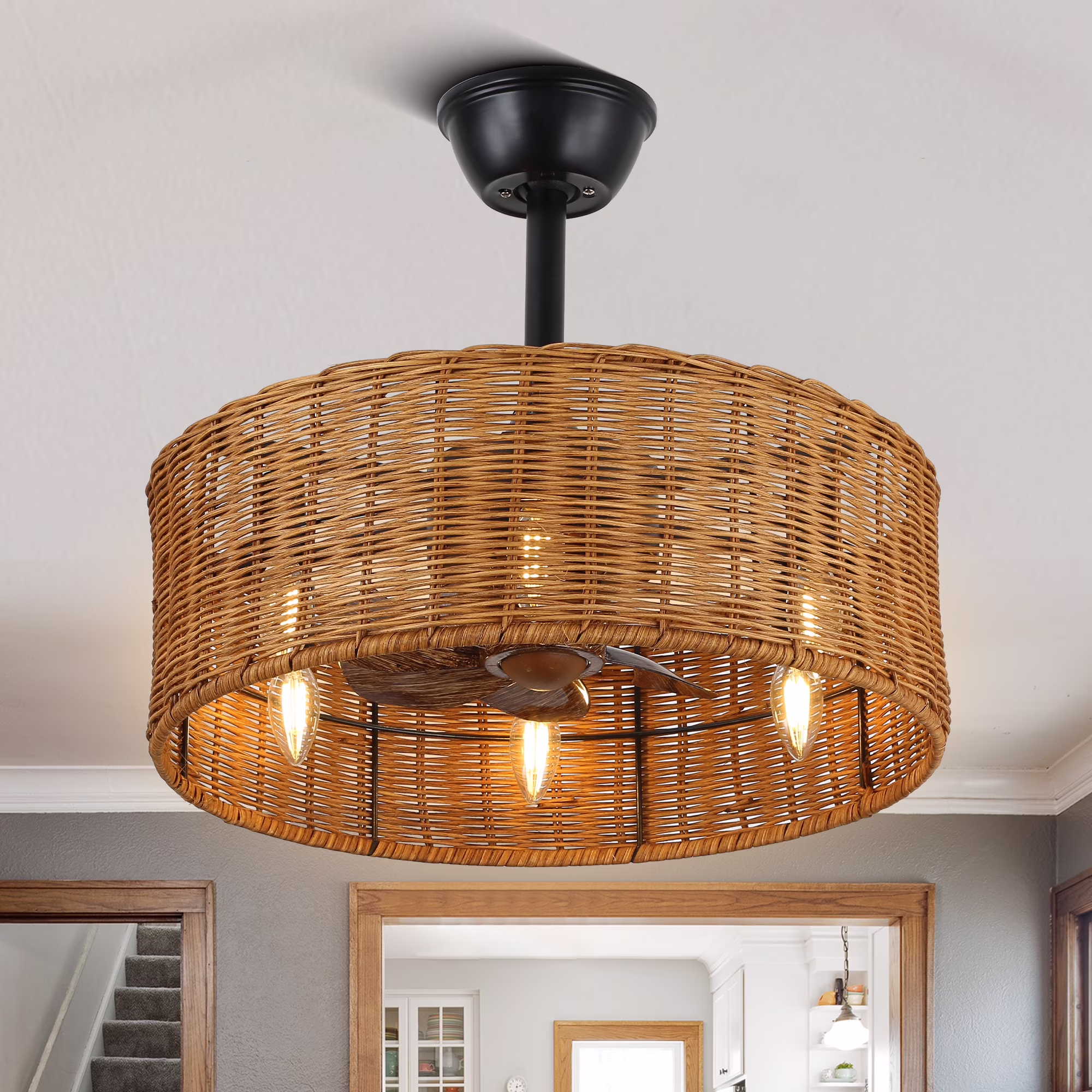 6-Light Bohemian Rattan-Woven Drum Ceiling Fan with Light and Remote Control, Bella Depot Black 3-Speed Chandelier(Black)