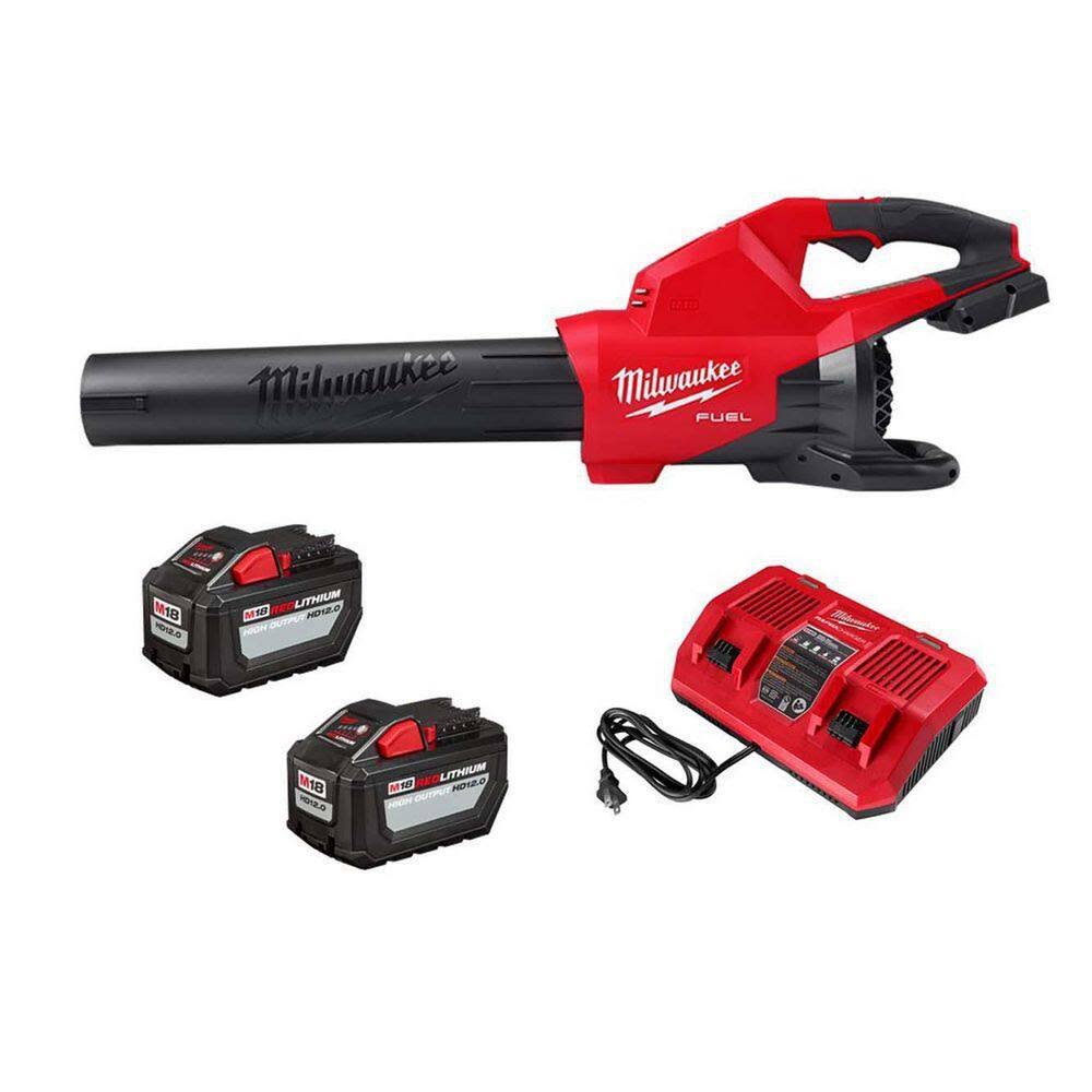 Milwaukee M18 Fuel 18V Brushless Cordless Dual Battery 145 MPH 600 CFM Blower with Dual Bay Rapid Charger & Two 12Ah HO Batteries