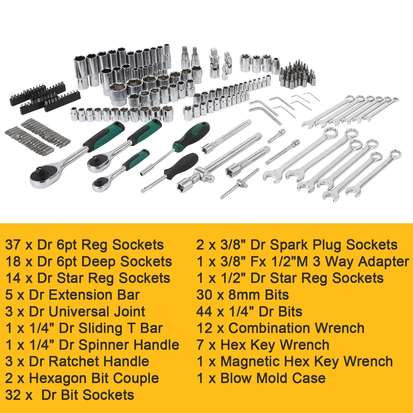 Mechanics Tools Kit and Socket Set, 1/2 ,1/4 & 3/8 Drive, 216-Piece