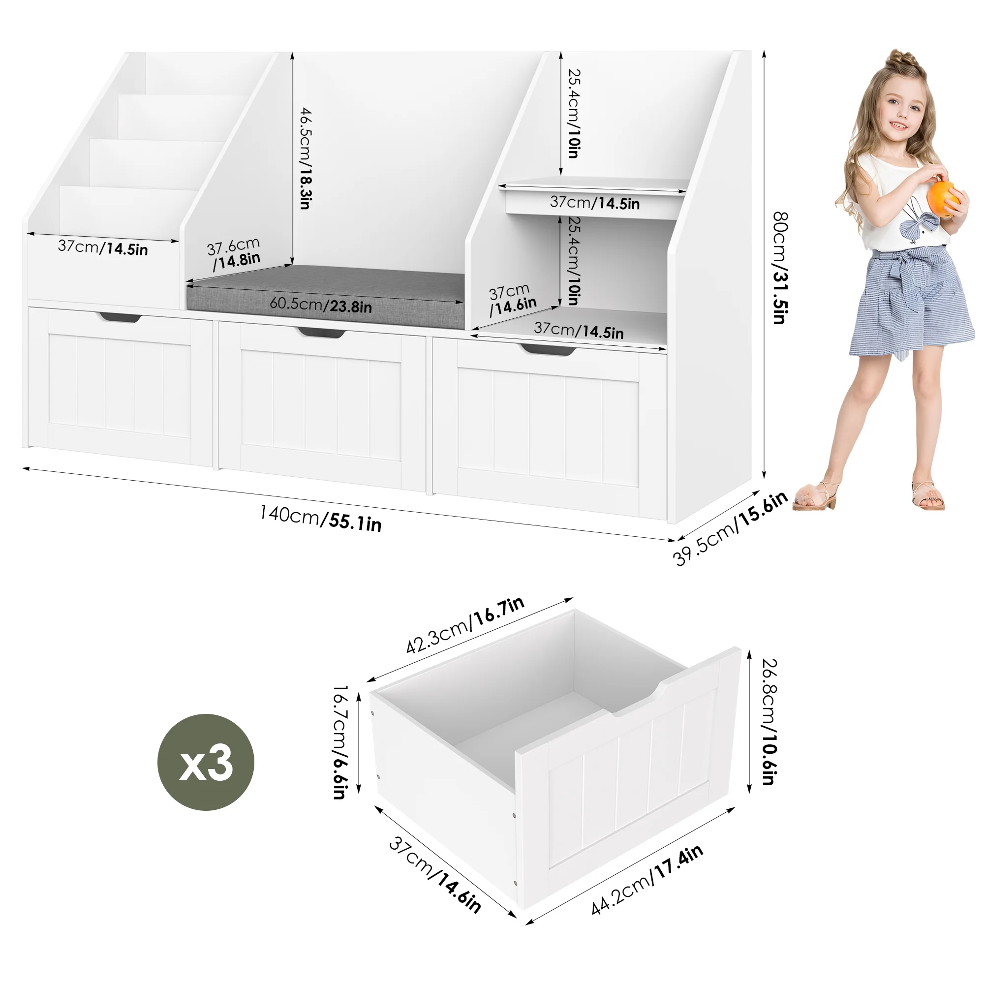 Kids Bookshelf with Reading Nook 3 Movable Drawers, 2 Cube Bookcase with 4-Tier Book Racks, Toy Storage Organizer for Playroom Bedroom, White(White) - Image 6