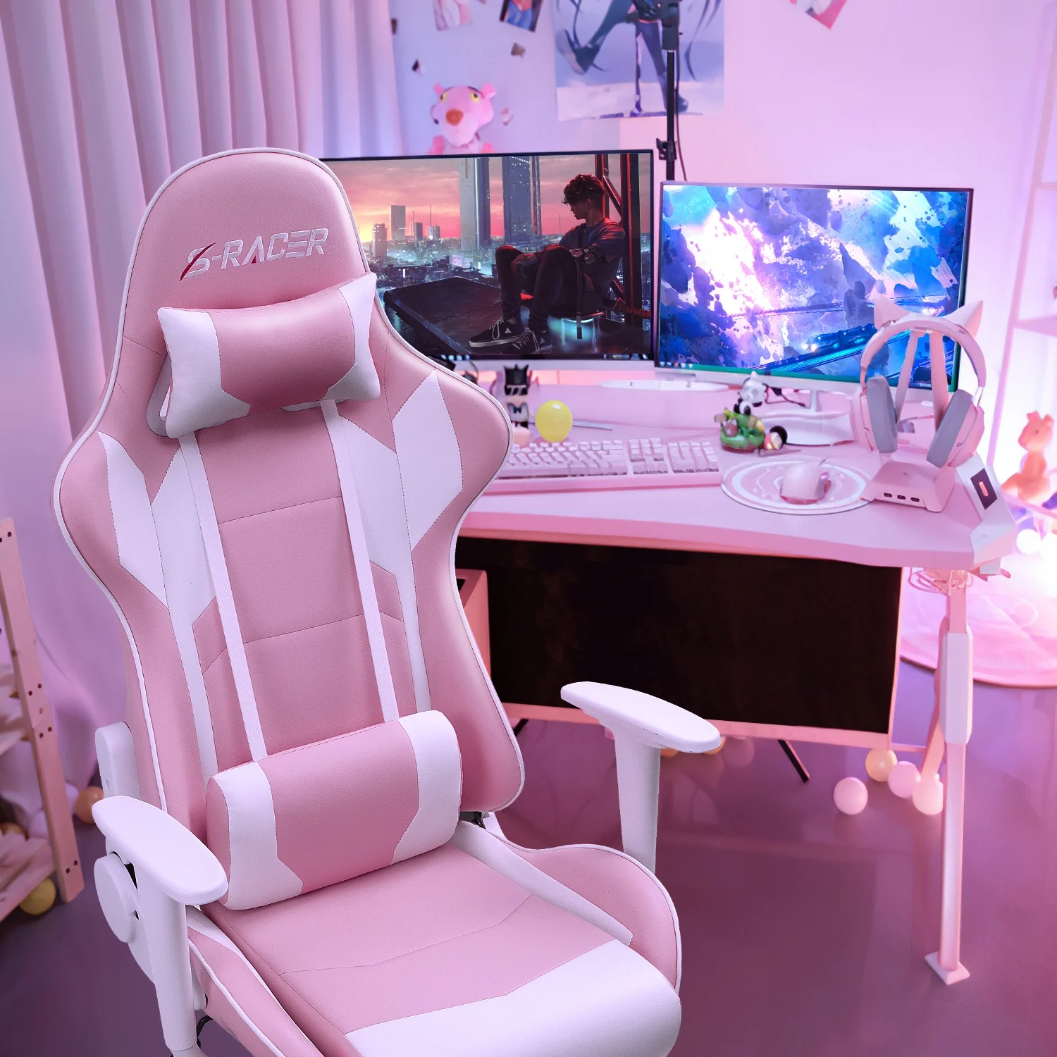 Gaming Chair office Chair with Headrest Lumbar Support, Pink(Pink) - Image 4