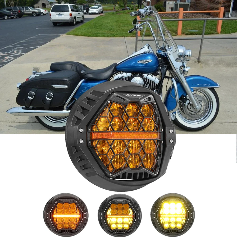 7 Inch 120W DOT Motorcycle LED Headlight Assembly with Amber DRL & Honeycomb Design (Hi/Lo Beam) for 1998-2006 Road King Classic EFI FLHRCI