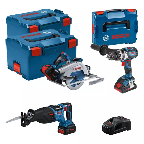 Kit combiné Bosch 3 outils 18 V : GSB 18V-110C + GKS 18V-68GC + GSA 18V-28 + 1 batterie 4,0 Ah (Procore) + 2 batteries 5,5 Ah (Procore) + GAL 1880CV (L) Professionnel