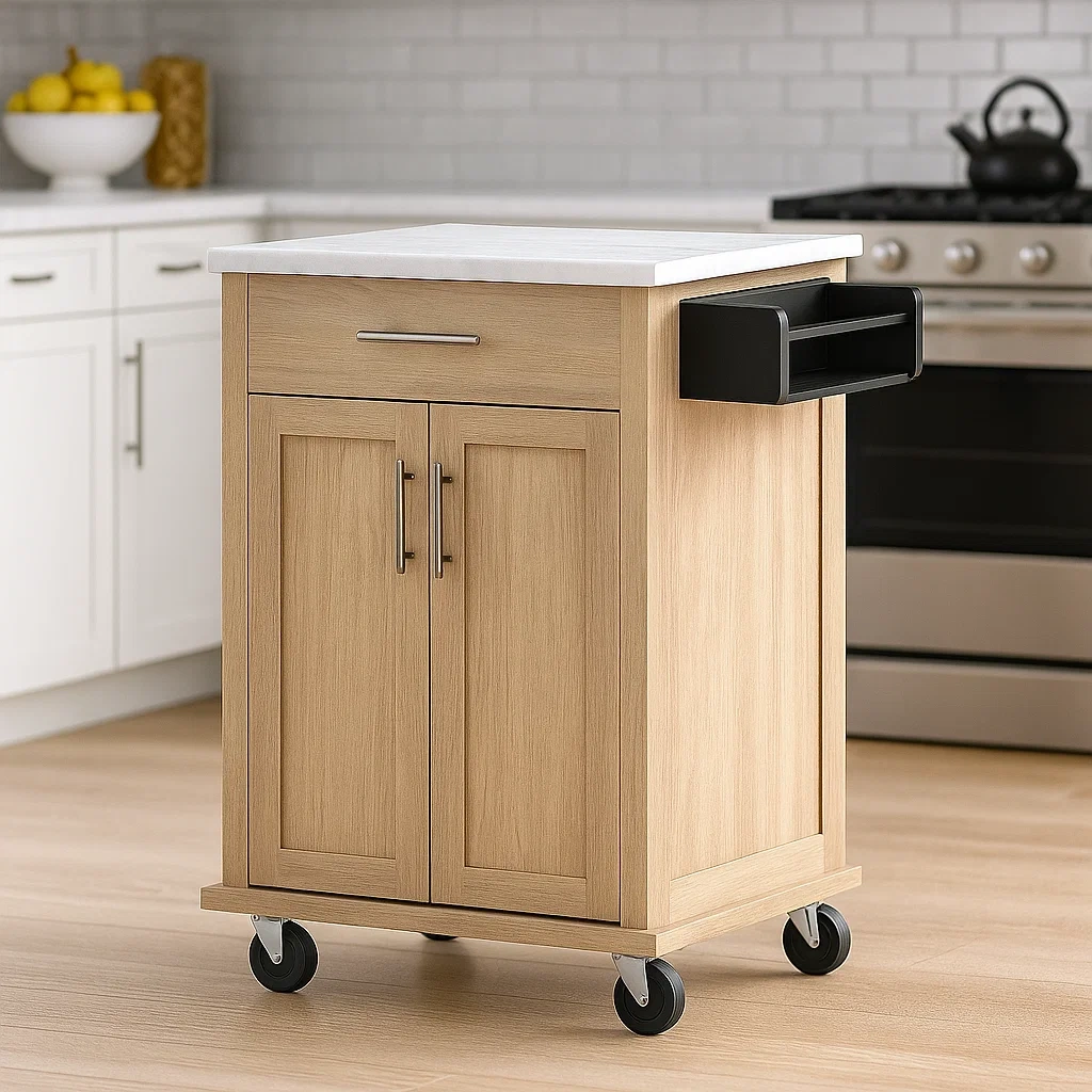 Kkken, design med hjul, lavet af tr og MDF, beige farve, med 1 skuffe og 2 dre, strrelse 80x40x85 cm, med ekstra hylde, til brug i kkkenopbevaring - uPkTCt1Ta8Yt