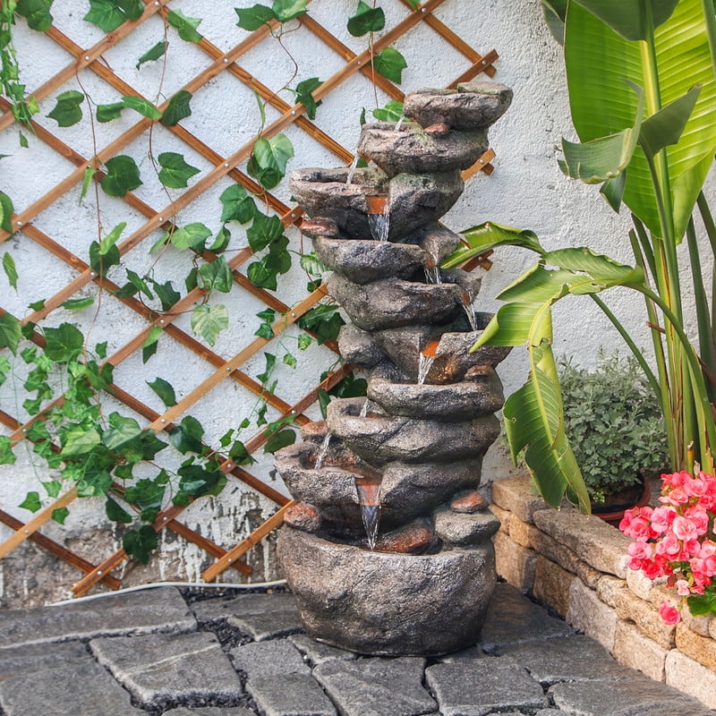 10-Tier Rock Waterfall Fountain �C 39.76 Cascading LED Feature for Garden & Patio