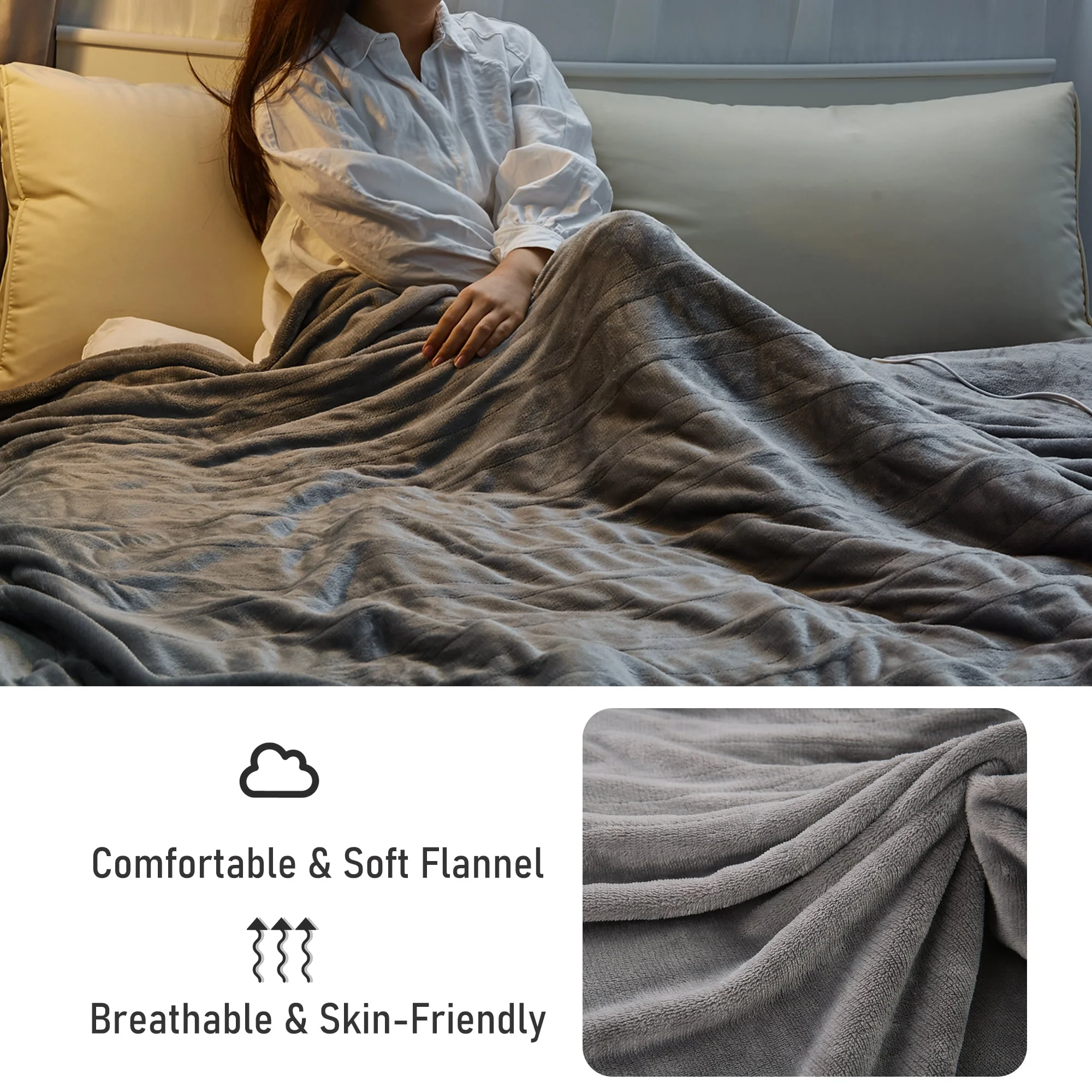 Electric Heated Blanket Twin Size 62" x 84" with 4 Heating Levels, 10H Auto-off, Machine Washable Gray - Image 6