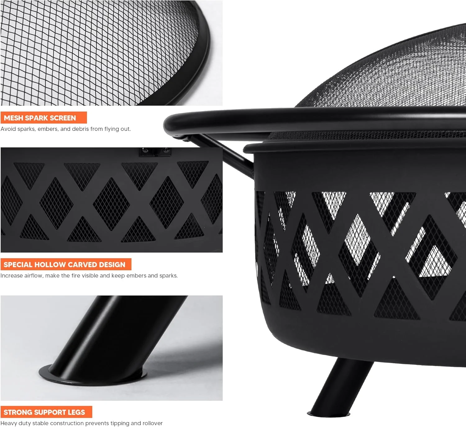 42" Large Outside Fire Pit, Round Fire Pit Wood Burning with Widened Tabletop, Spark Screen, Fire Poker, Phombus Pattern(42' Phombus Pattern) - Image 10