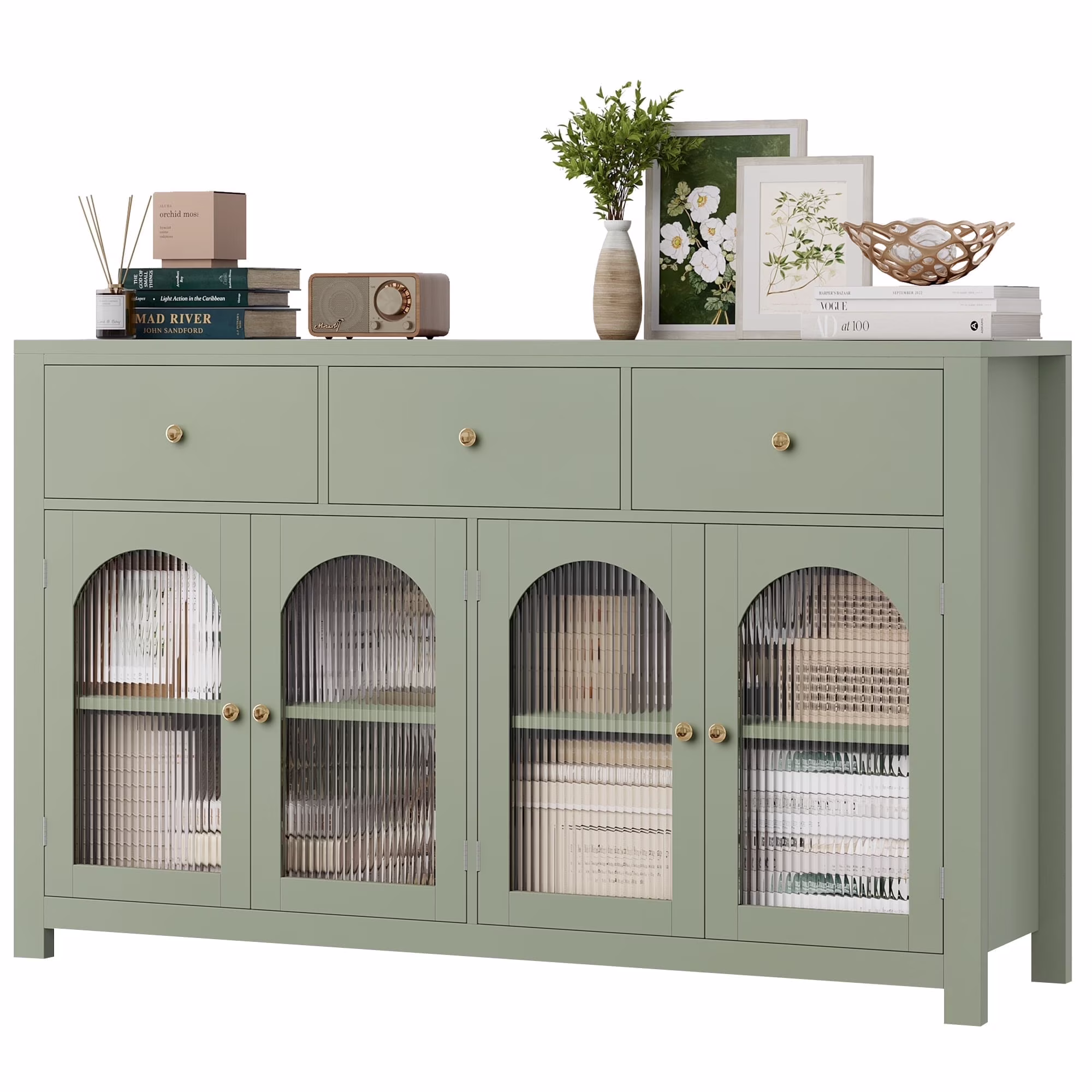 55'' Large Sideboard Buffet Cabinet, Kitchen Storage Cabinet with 3 Drawers and 4 Glass Doors, Wood Coffee Bar Cabinet for Living Room, White(White) - Image 5