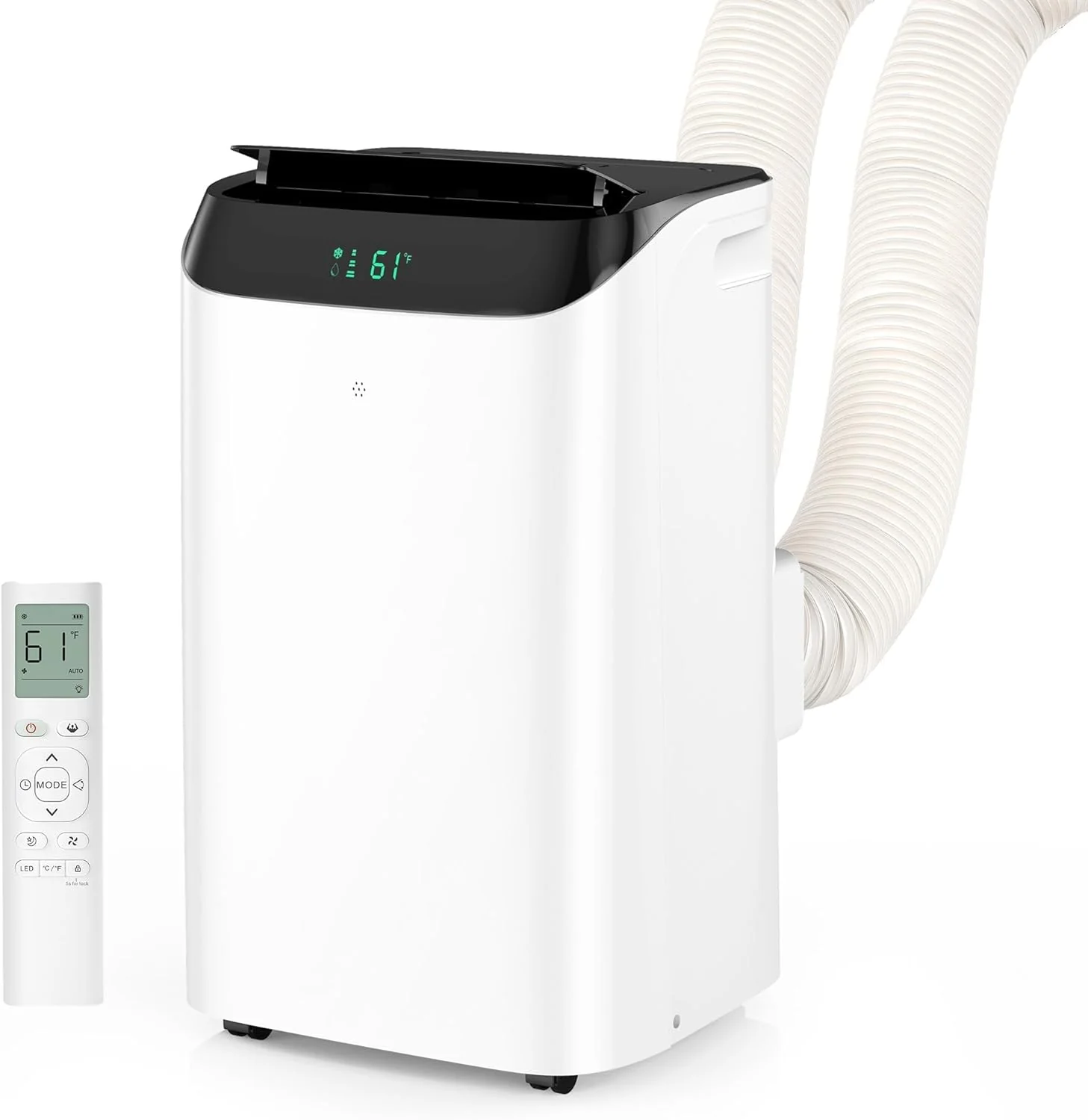 Climatiseur portable Inverter 16 000 BTU avec télécommande, unité de climatisation portable autonome pour pièces jusqu'à 74 m², avec déshumidificateur et ventilateur, double tuyau, kit fenêtre, mode veille silencieux (45 dB)