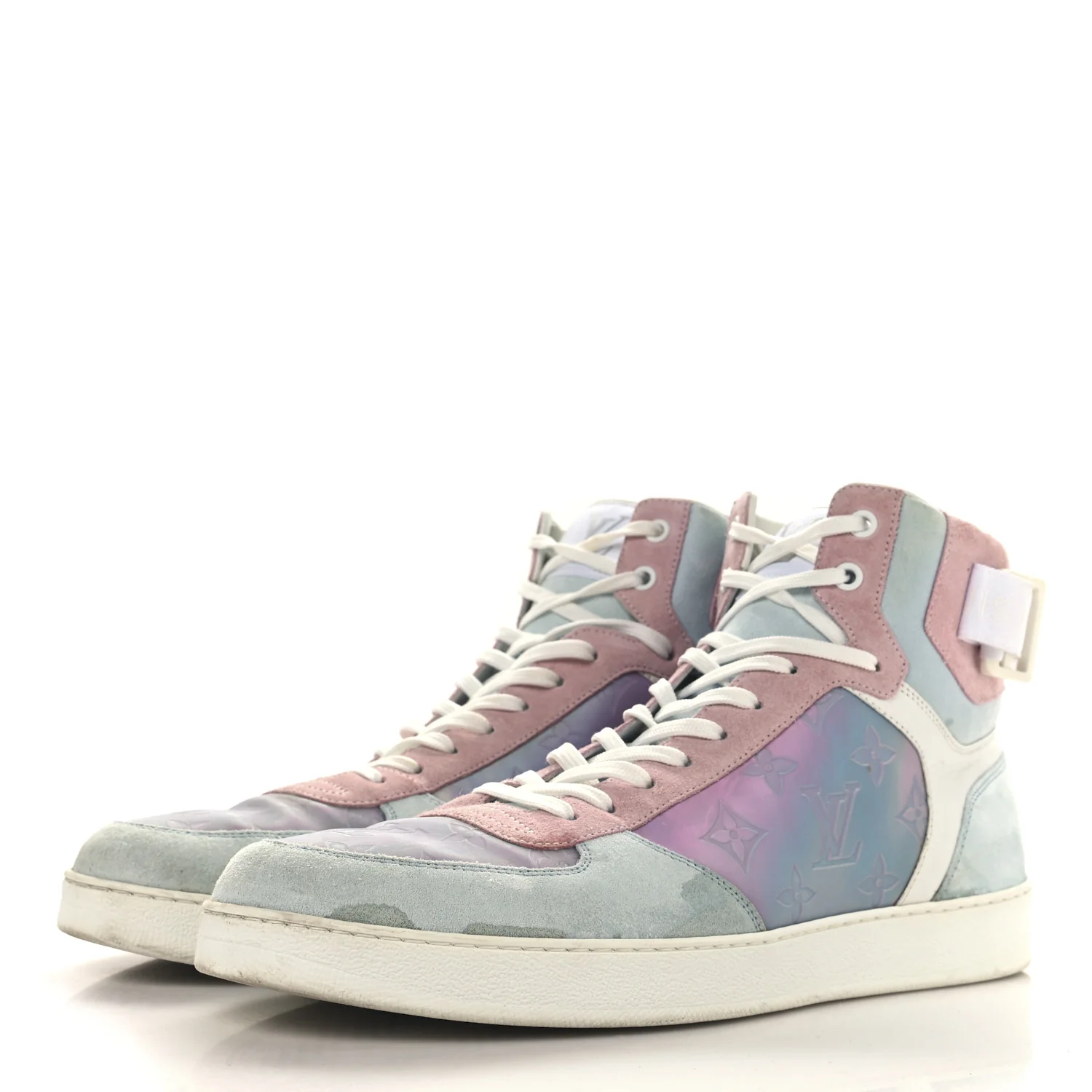 Calfskin Suede Monogram Mens Rivoli High Top Sneakers 10 White Multicolor