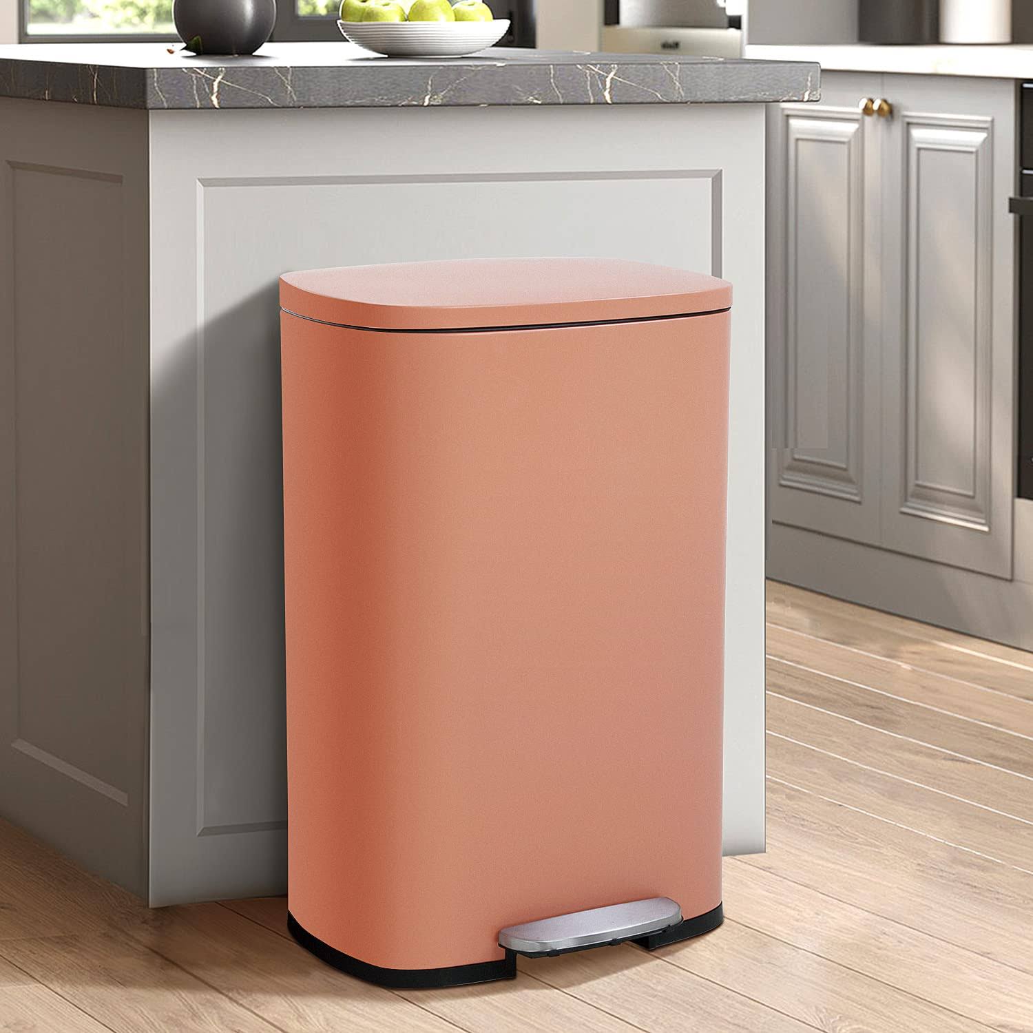 50 Liter / 13 Gallon Kitchen Trash Can with Lid, Stainless Steel Trash Can with Foot Pedal and Plastic Inner Bucket, Fingerprint-Resistant Soft
