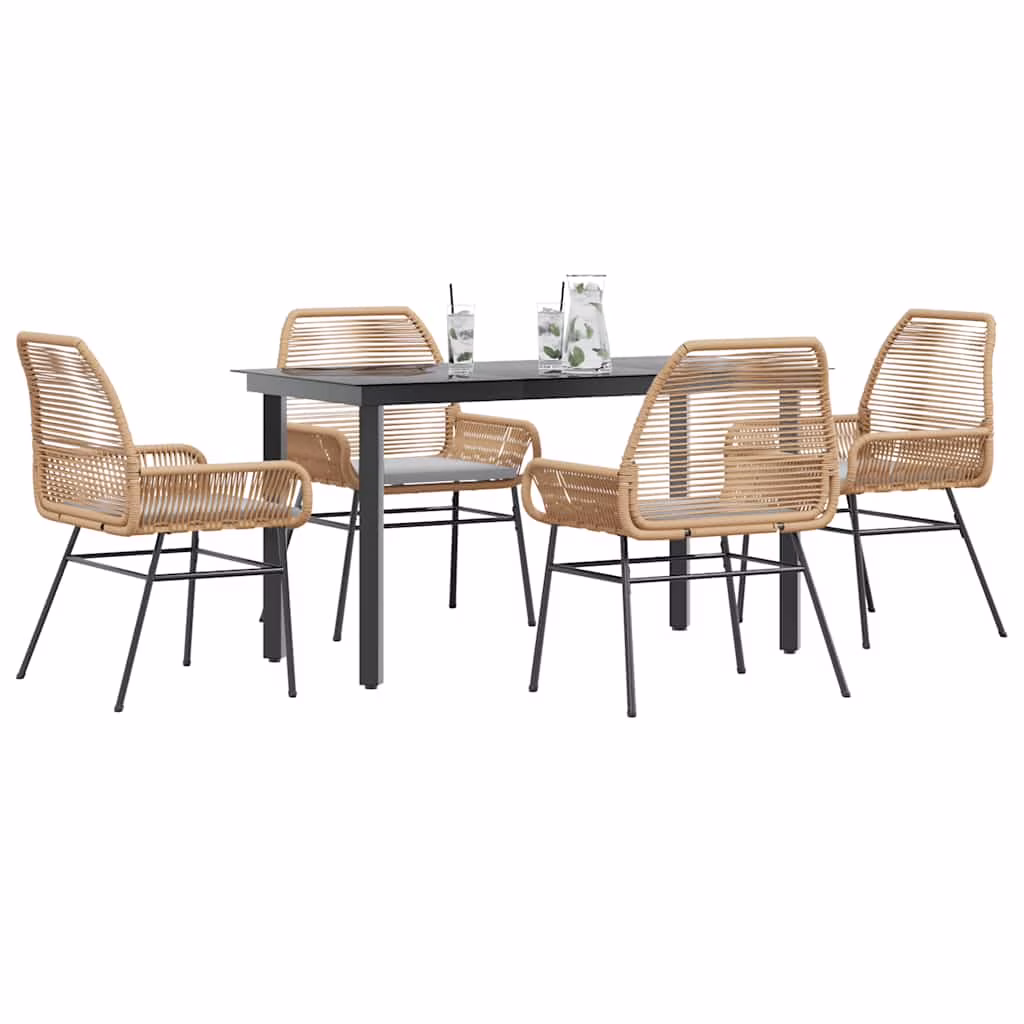 Vidaxl 7 Piece Patio Dining Set with Cushions Black Poly Rattan Glass