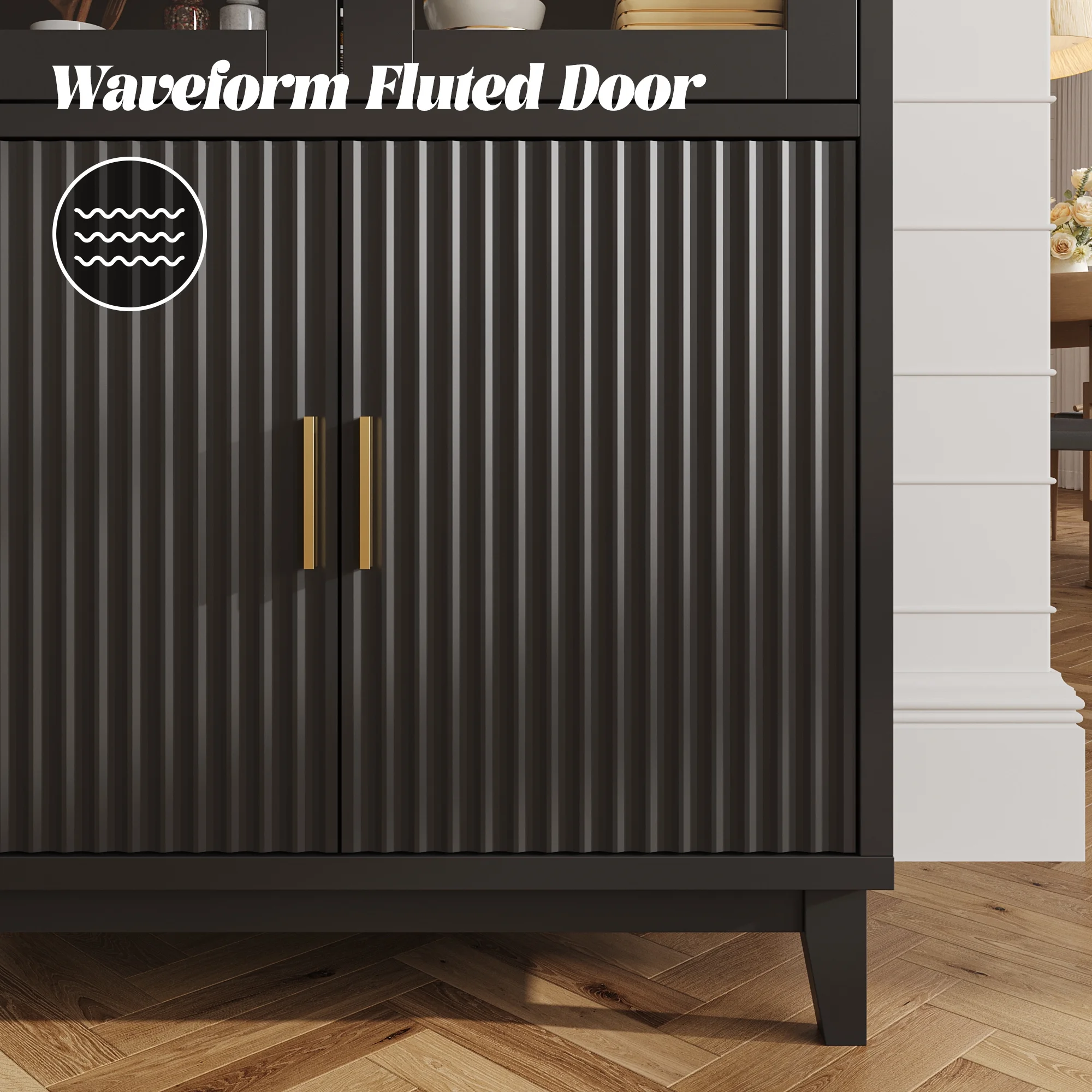 71" Tall Arch Cabinet, Wood Fluted Kitchen Kitchen Storage Cabinet with 4 Doors and 6 Shelves for Dining Room Living Room(black) - Image 7