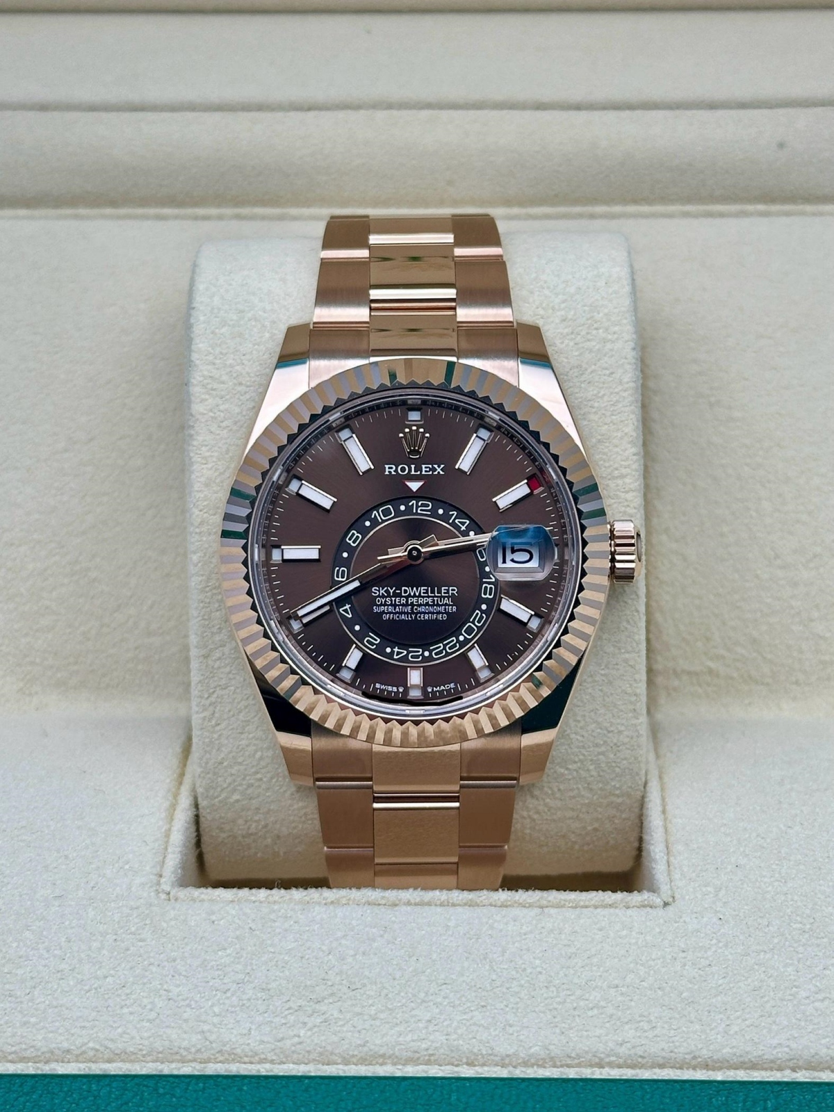 [Super Clone]RLX  Sky-Dweller 42mm Rose Gold Chocolate Dial Oyster - 336935