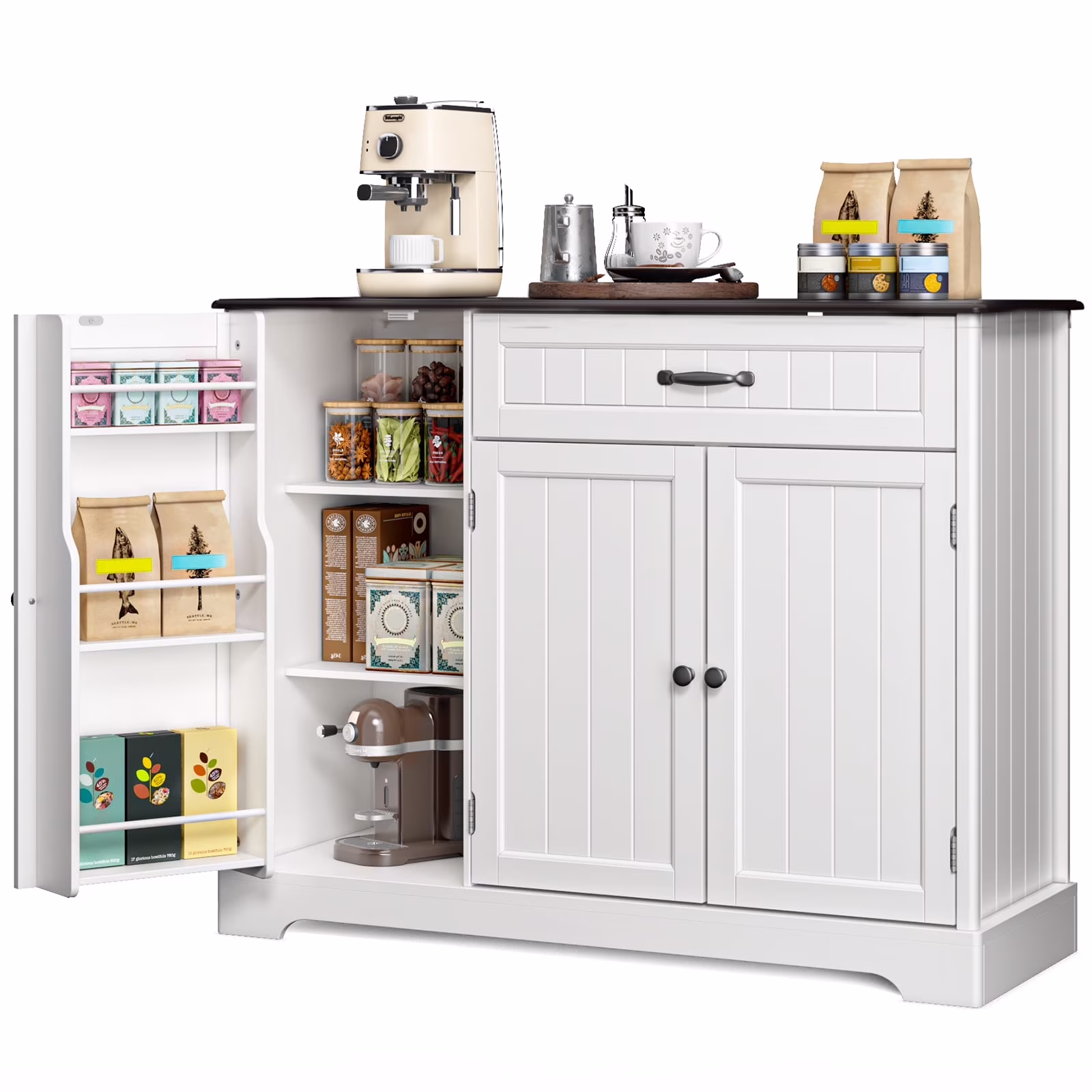 Coffee Bar, 42" Kitchen Storage Cabinet, Sideboard Buffet Cabinet with 8 Shelves, 1 Drawer(White) - Image 9