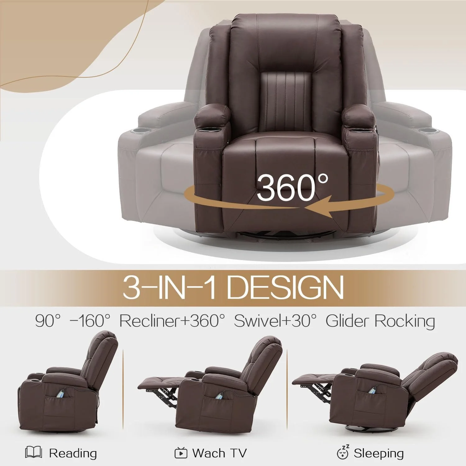 AECOJOY 3 PCS Leather Recliner Sofa Set with Swivel Massage Chair, Brown