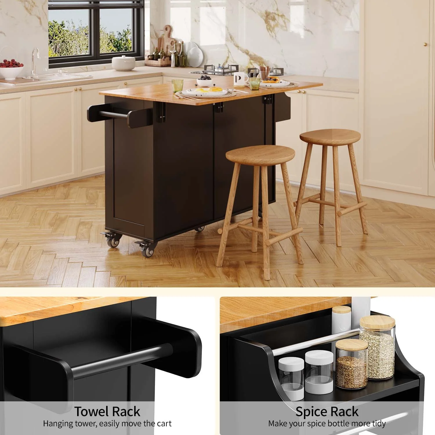 Kitchen Island with Storage, Kitchen Island Cart with Drop Leaf, Black(Black) Image 3