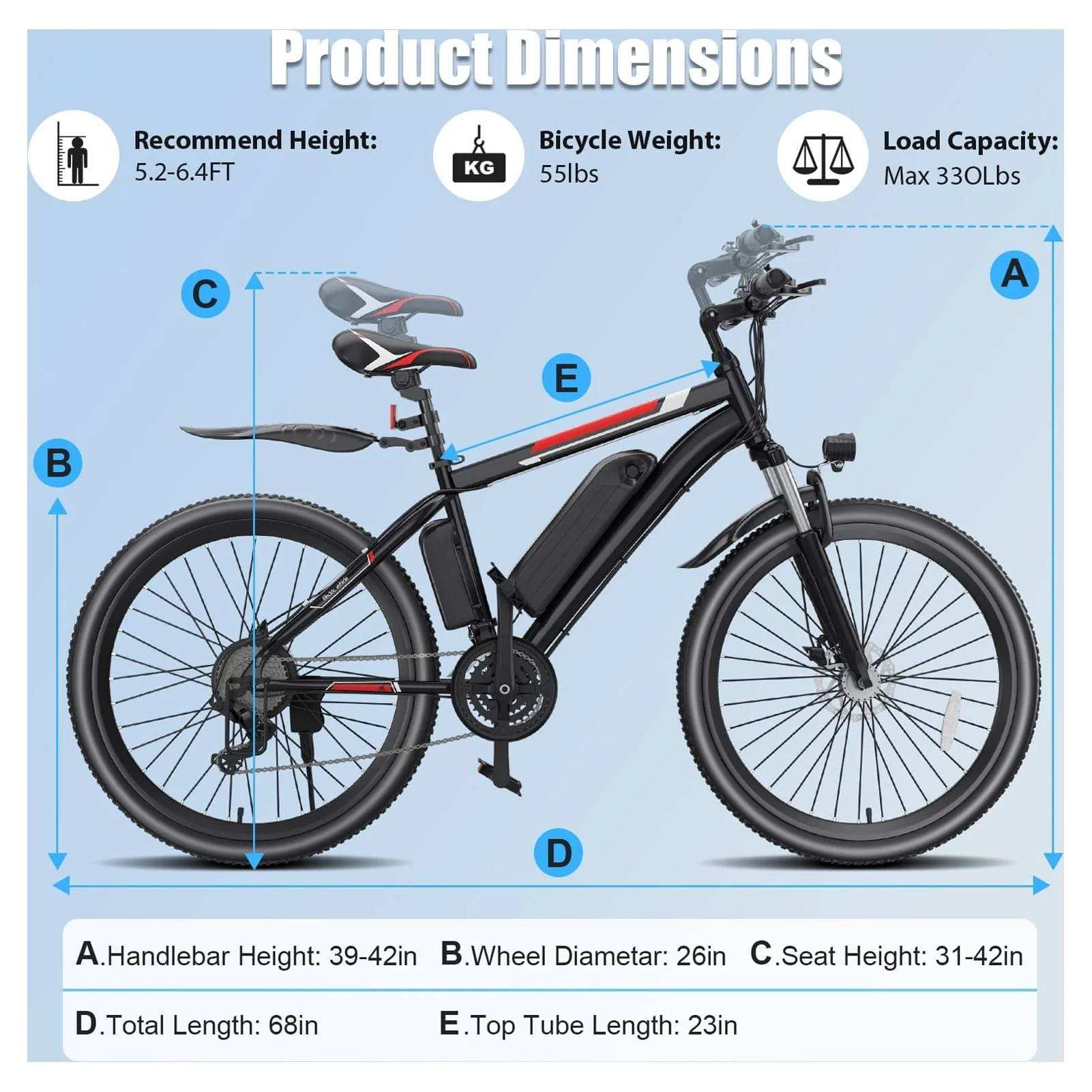 Elifine 500W Electric Bike for Adults, 26" Mountain Electric Bicycle with 5 Riding Modes Ebike, 48V 7 8Ah Battery, Shimano 21 Speed 19 8 mph Aluminum Alloy Electric Commuter Bike up to 50 Miles Image 5