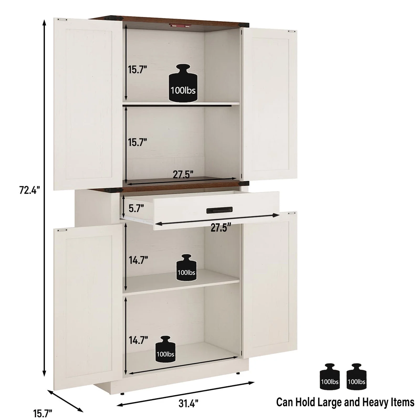 72" Tall Farmhouse Kitchen Pantry Cabinet w/1 Drawer 4 Roomy Storage Shelves, Versatile Wood Storage Cabinet with 4 Barn Door Adjustable Shelves for Dining Room Bathroom Utility Room(White) - Image 6