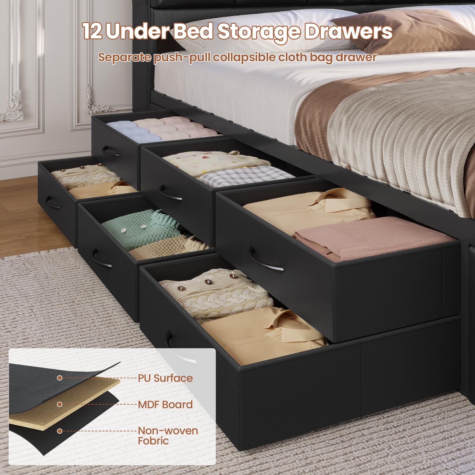 Queen Size Bed Frame with LED Lights Headboard and 12 Storage Drawers,Bookcase,Upholstered Platform Bed Queen with Charging Station, No Box Spring Needed, Type-C and USB,Noise-Free, Black(Queen/Black) - Image 4