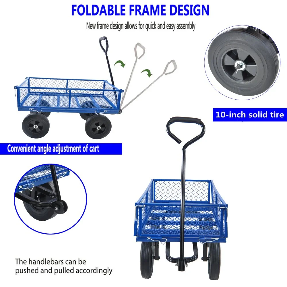 Tcbosik Gorilla Cart Heavy Duty 550lbs Metal Wagon Carrier Trolley for Outdoor Garden Firewood Transport, Blue