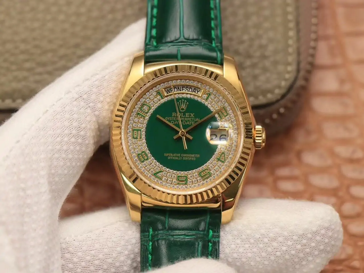 Rolex Day-Date 36mm Green Enamel Diamond Gypsophila Gold dial watch