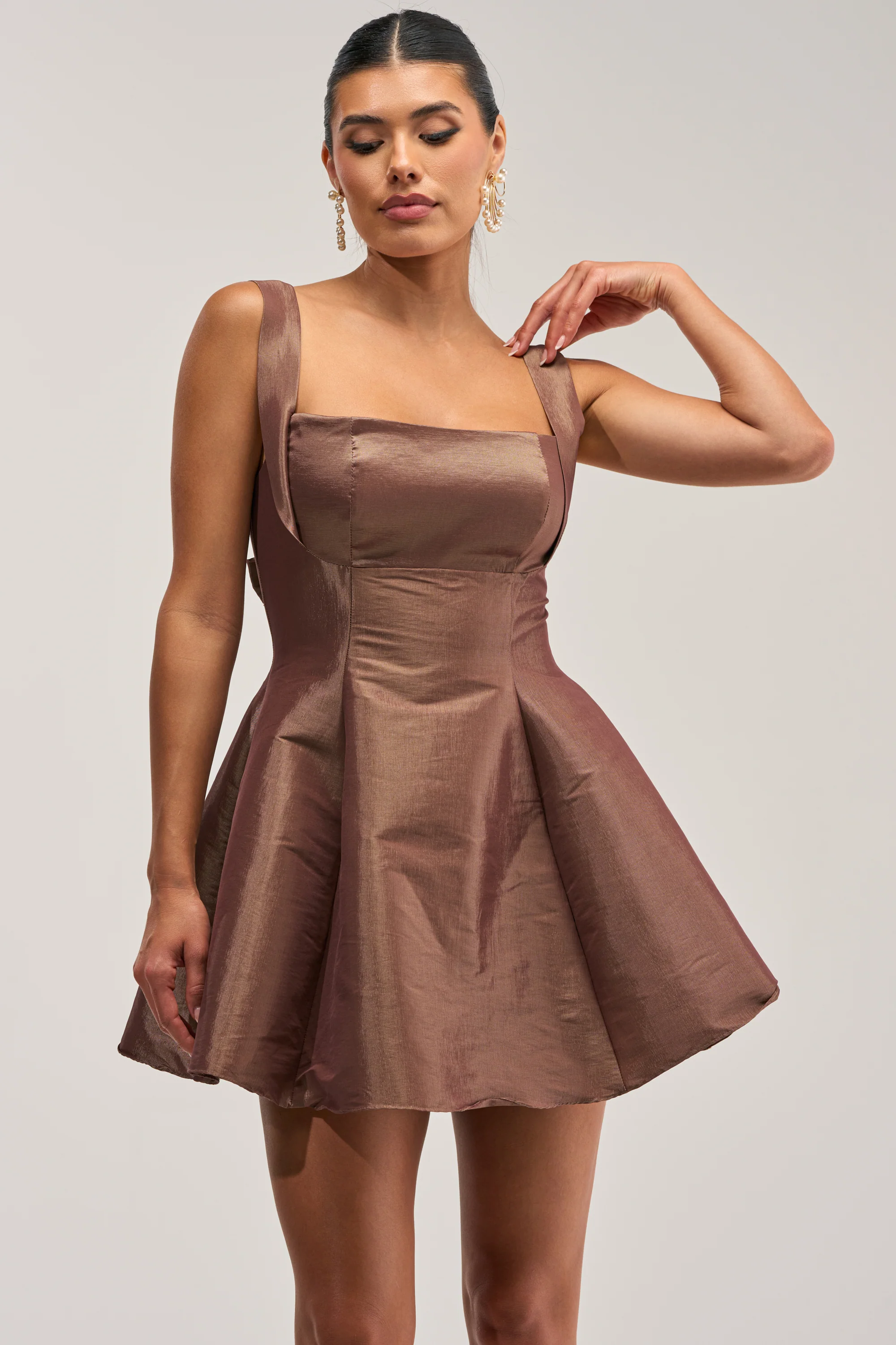 BEST TIME OF THE YEAR SATIN MINI DRESS IN MOCHA - Akira Store