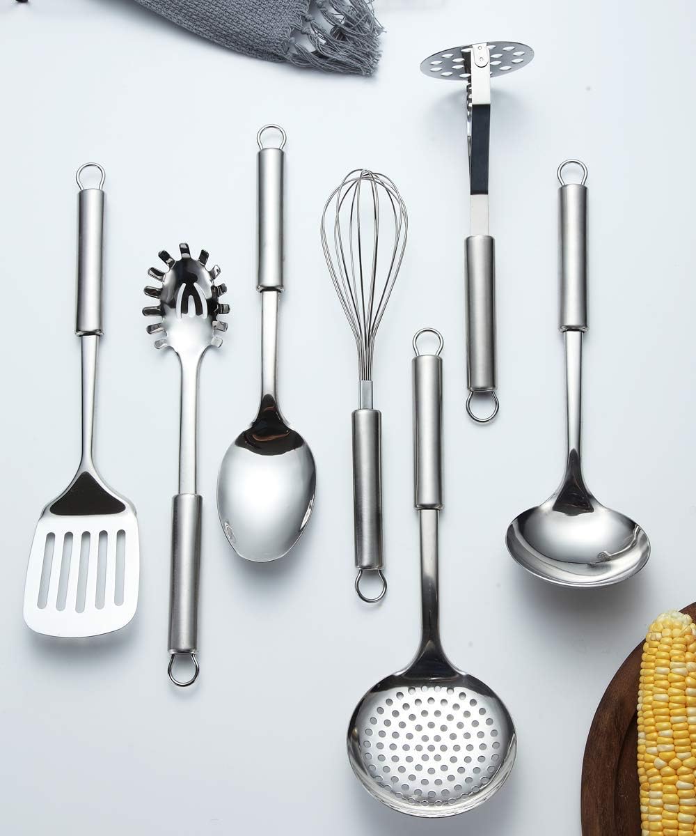 Berglander Cooking Utensil Set 8 Piece, Stainless Steel Kitchen Tool Set with Stand, Cooking Utensils, Slotted Spoon, Ladle, Skimmer, Serving Spoon, Pasta Server, Potato Masher, Egg Whisk（8 Pieces）
