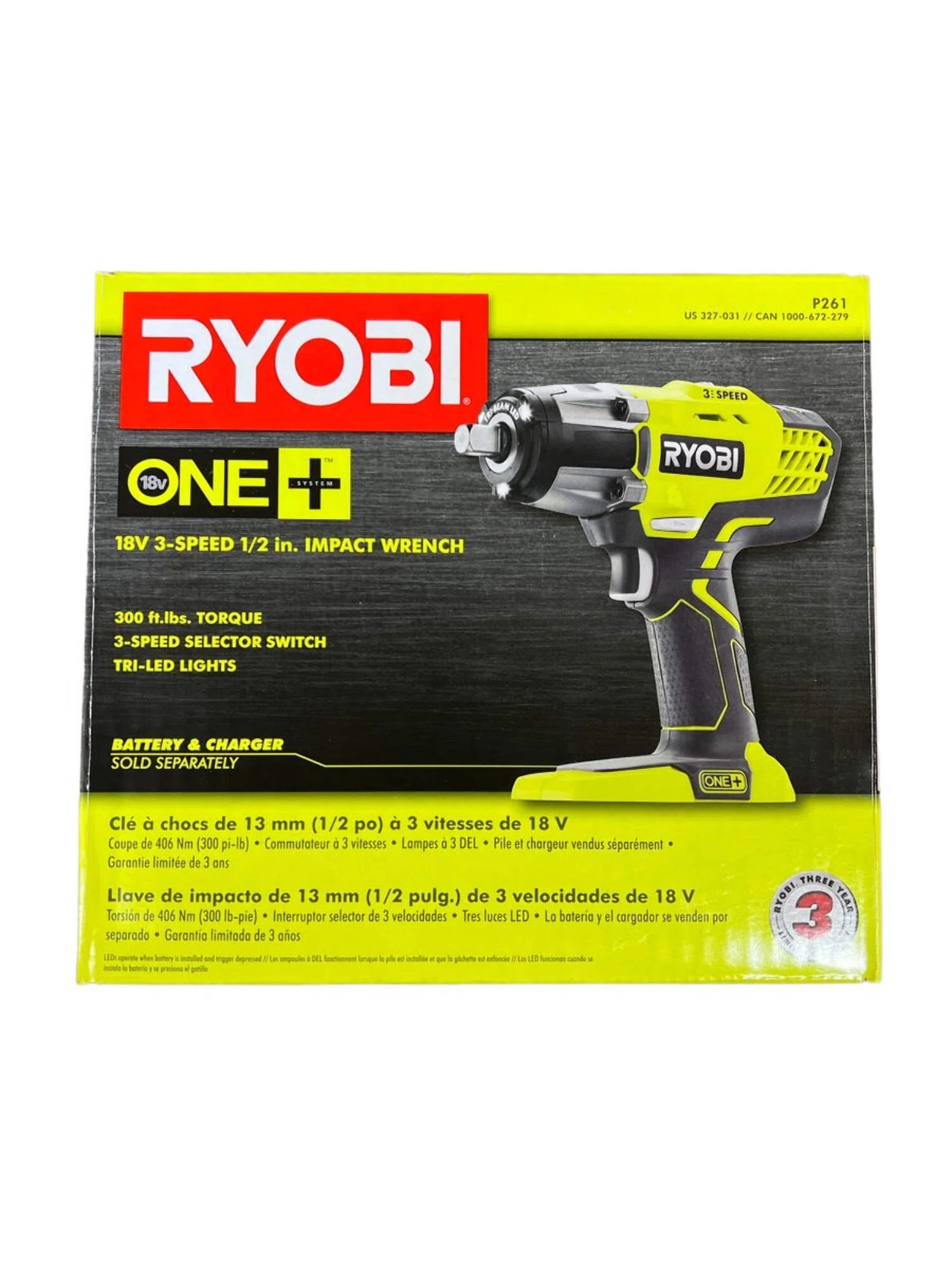 Ryobi 18 - Volt ONE+ 1/2 In. Cordless 3 - Speed Impact Wrench (Tool - Only) P261