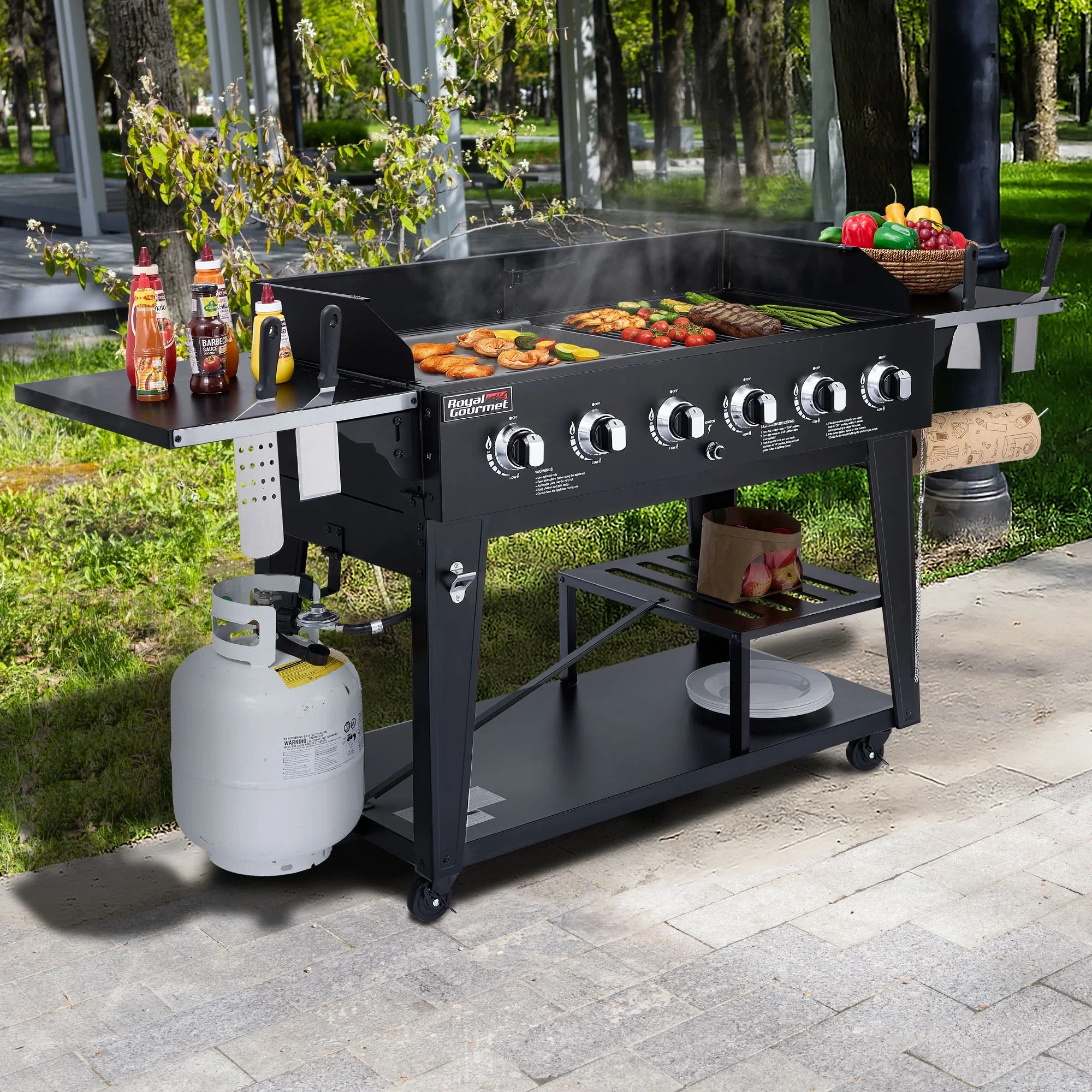 Royal Gourmet GD601B 6-Burner Gas Grill and Griddle Combo,2-in-1 Large Cooking Capacity Grill & Griddle for Back Yard, Garden, Family Party, BBQ, Black