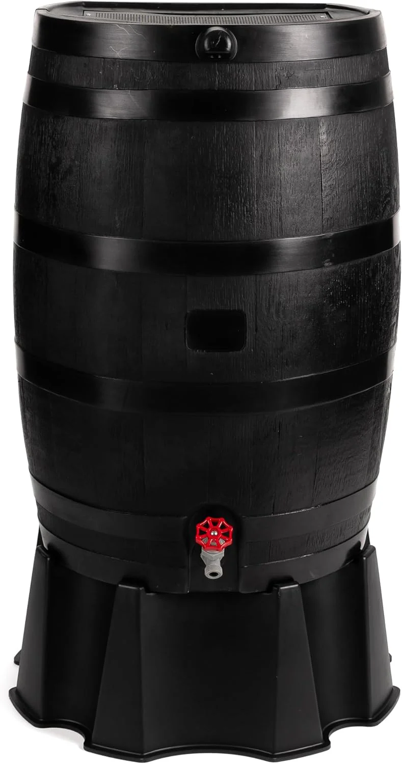 RTS Home Accents 50-Gallon ECO Rain Barrel Made with 100% Recycled Plastic, Flat Back Rain Water Collection Barrel, Black