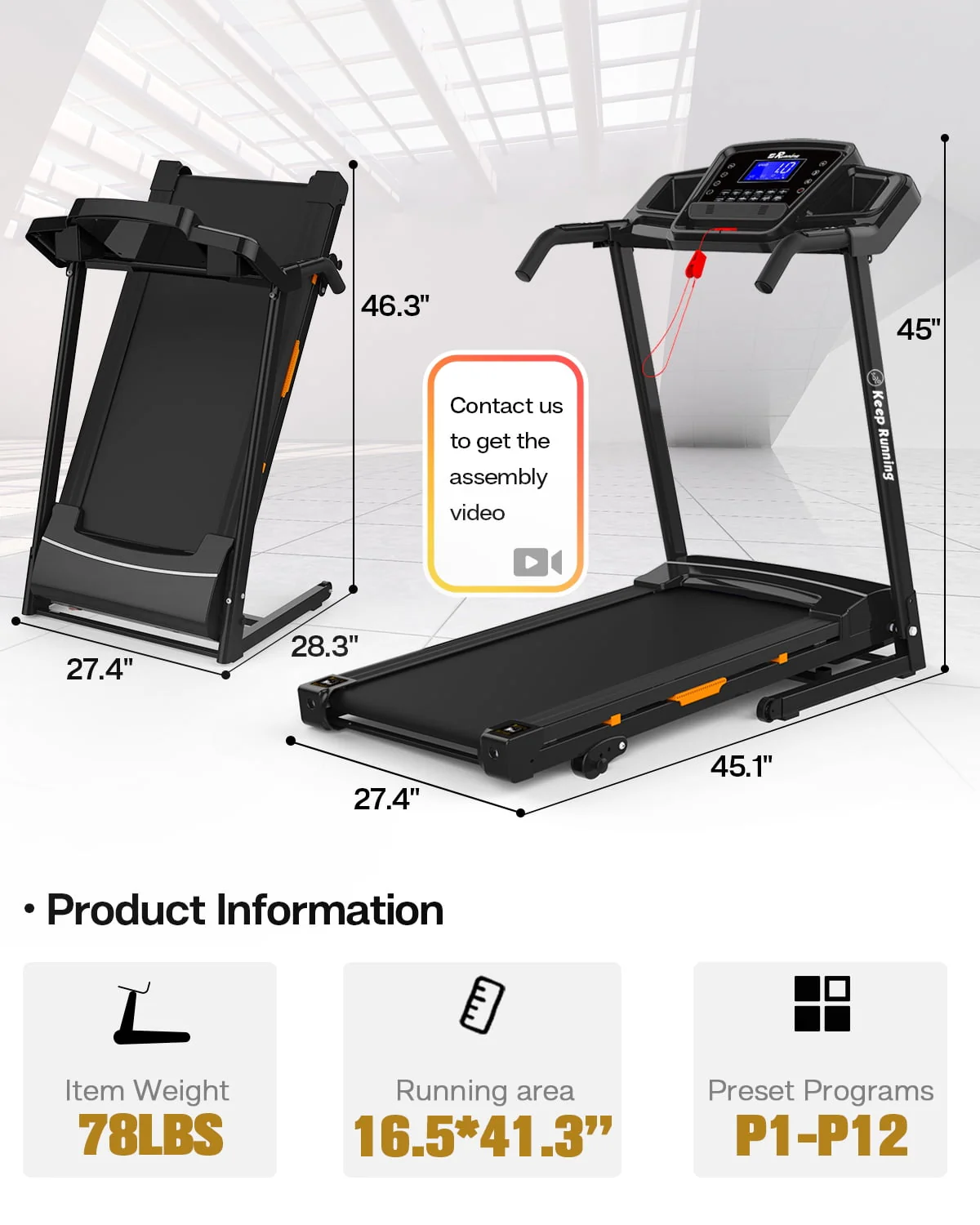 Folding Treadmill for Home with Incline 3 5HP 330lb Weight Capacity Portable Electric Treadmill with Bluetooth, 12 Preset Programs Exercise Running Machine Easy Assembly Orange Image 10