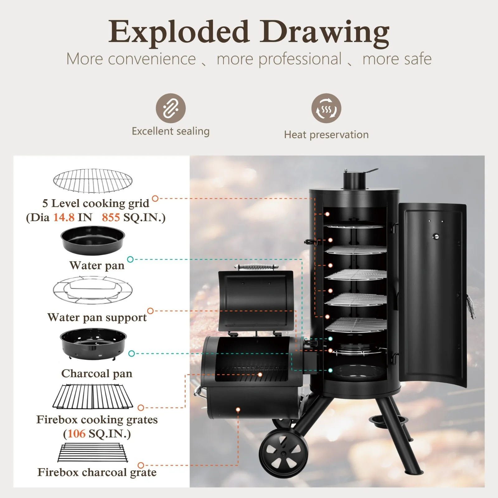 Vertical Offset Charcoal Smoker Grill Extra Large Outdoor BBQ Gill Heavy-Duty - Image 7