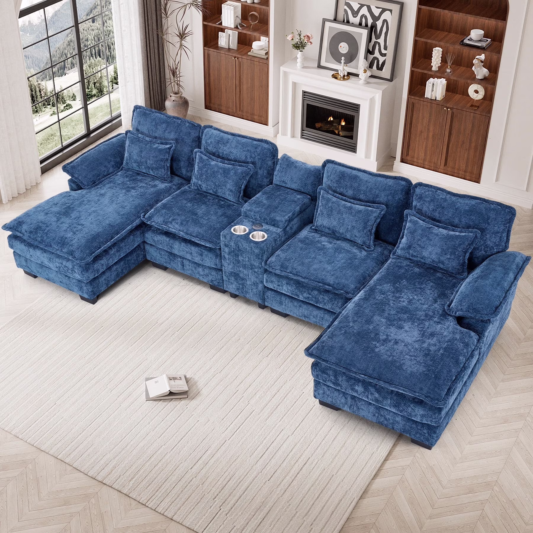U Shaped Cloud Couch Modular Sectional Sofa 124" Extra Deep Fluffy Chenille Double Chaise Lounge, Central Console w/ Dual USB-C A Ports, Storm Gray(Grey) - Image 3