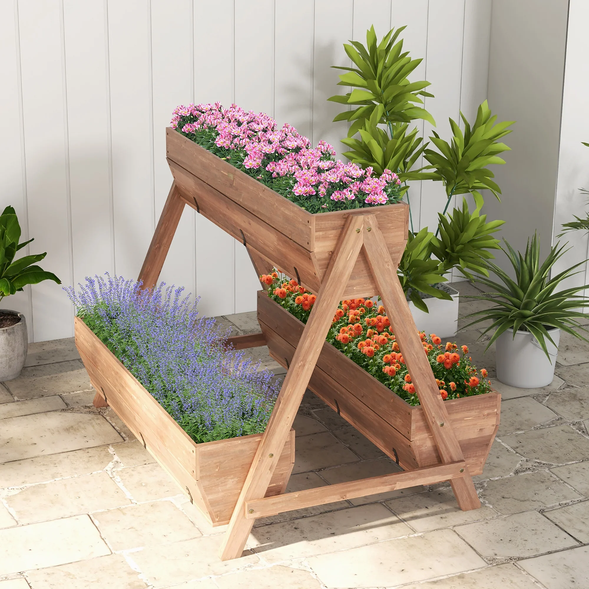 Gymax Vertical Raised Garden Bed Wood Tiered Plant Stand w/ 3 Planter Containers