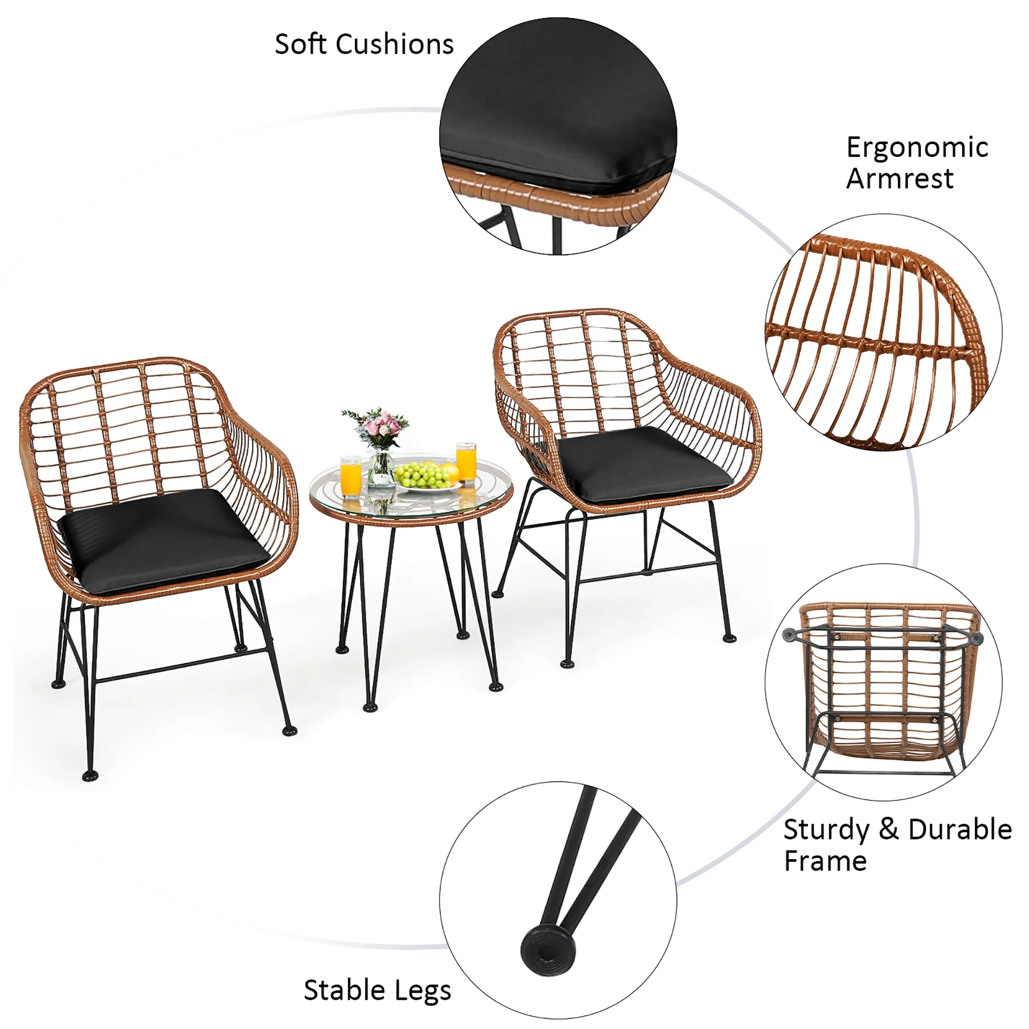 Costway 3PCS Patio Rattan Bistro Set Coffee Table Armchair Garden Red Cushion