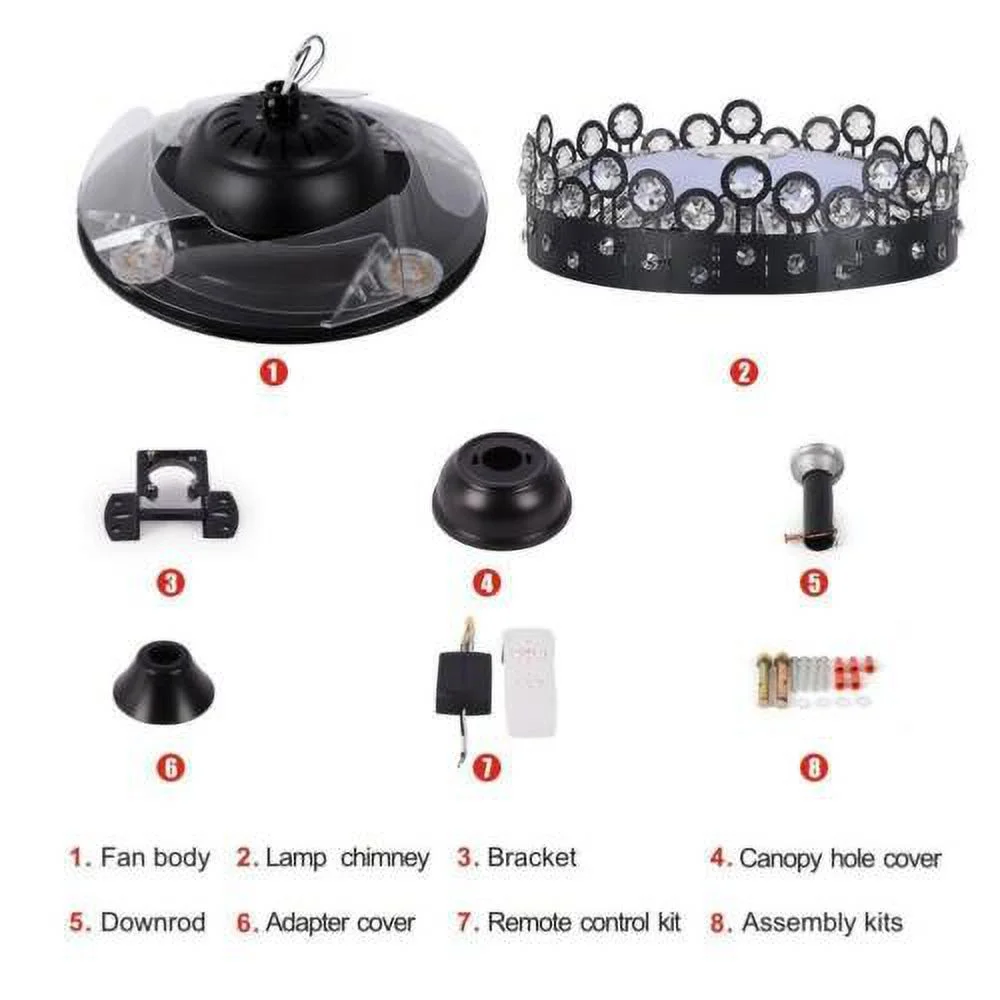 AFANQI 42" Black Modern Fandelier Ceiling Fan with Light Remote, Retractable Bluetooth Ceiling Fan with 7 Colors Silent Motor Crystal Chandelier