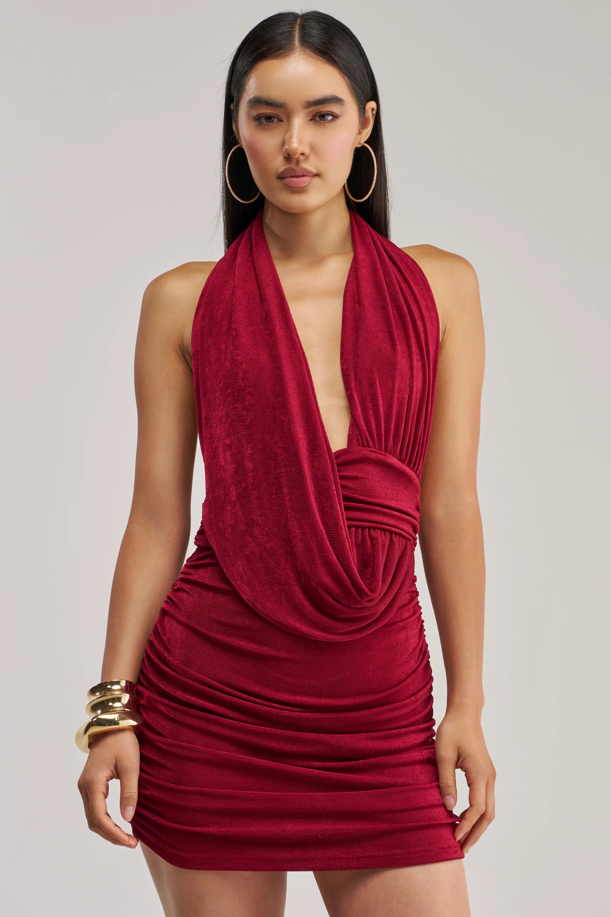 HAUTE HEAT SWOOPED MINI DRESS IN BURGUNDY - Akira Store