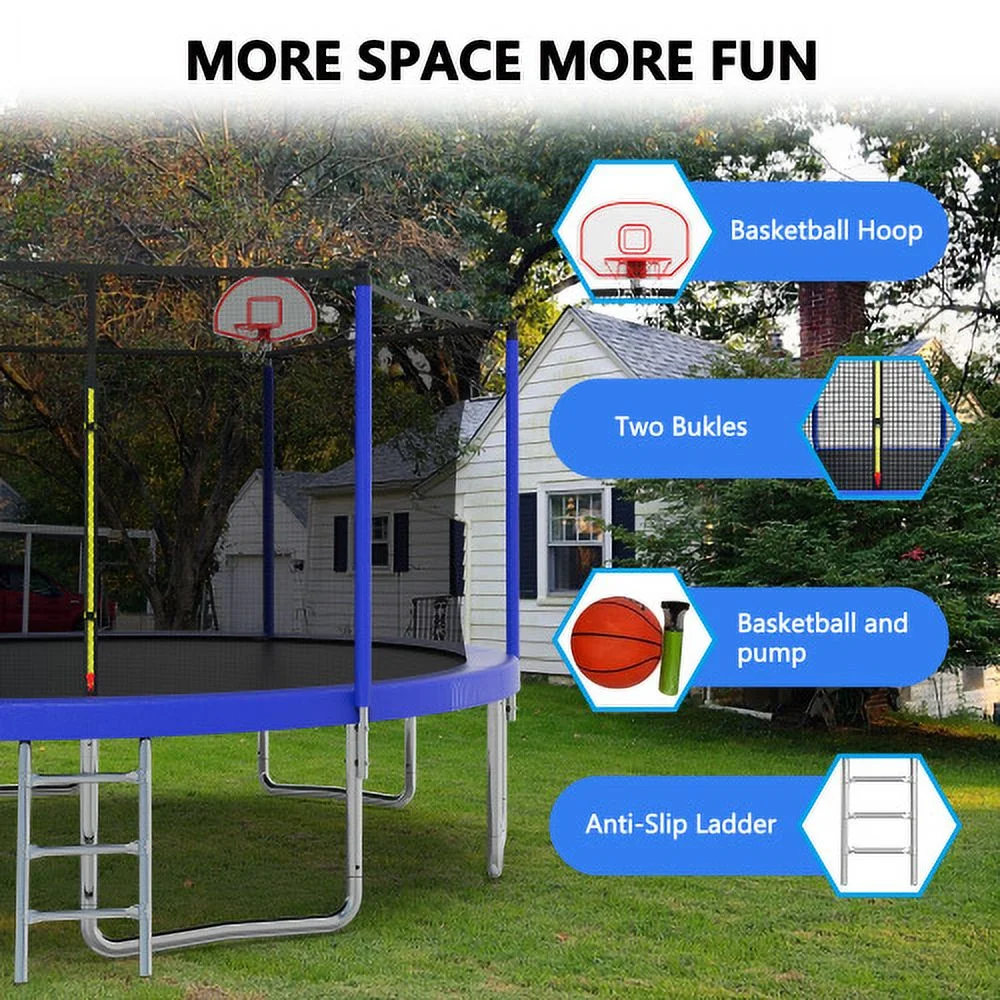 14FT Trampoline for Kids and Adults,Outdoor Large Recreational Trampoline with Ladder and Basketball Hoop,Blue - Image 5