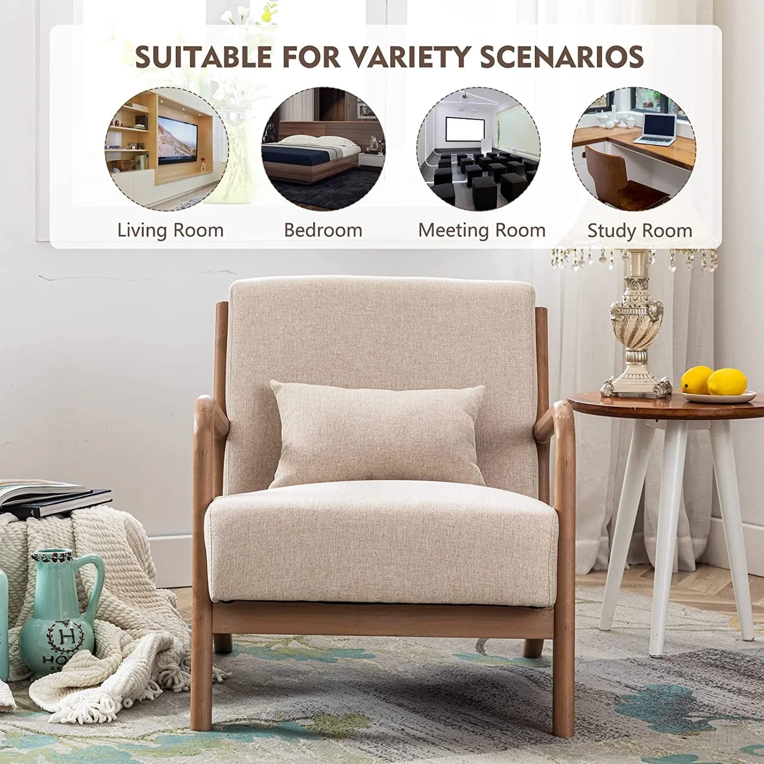 Mid Century Modern Accent Chair, Single Fabric Lounge Reading Armchair with Solid Wood Frame, Easy Assembly Arm Chairs for Living Room, Beige(1/Beige) Image 6