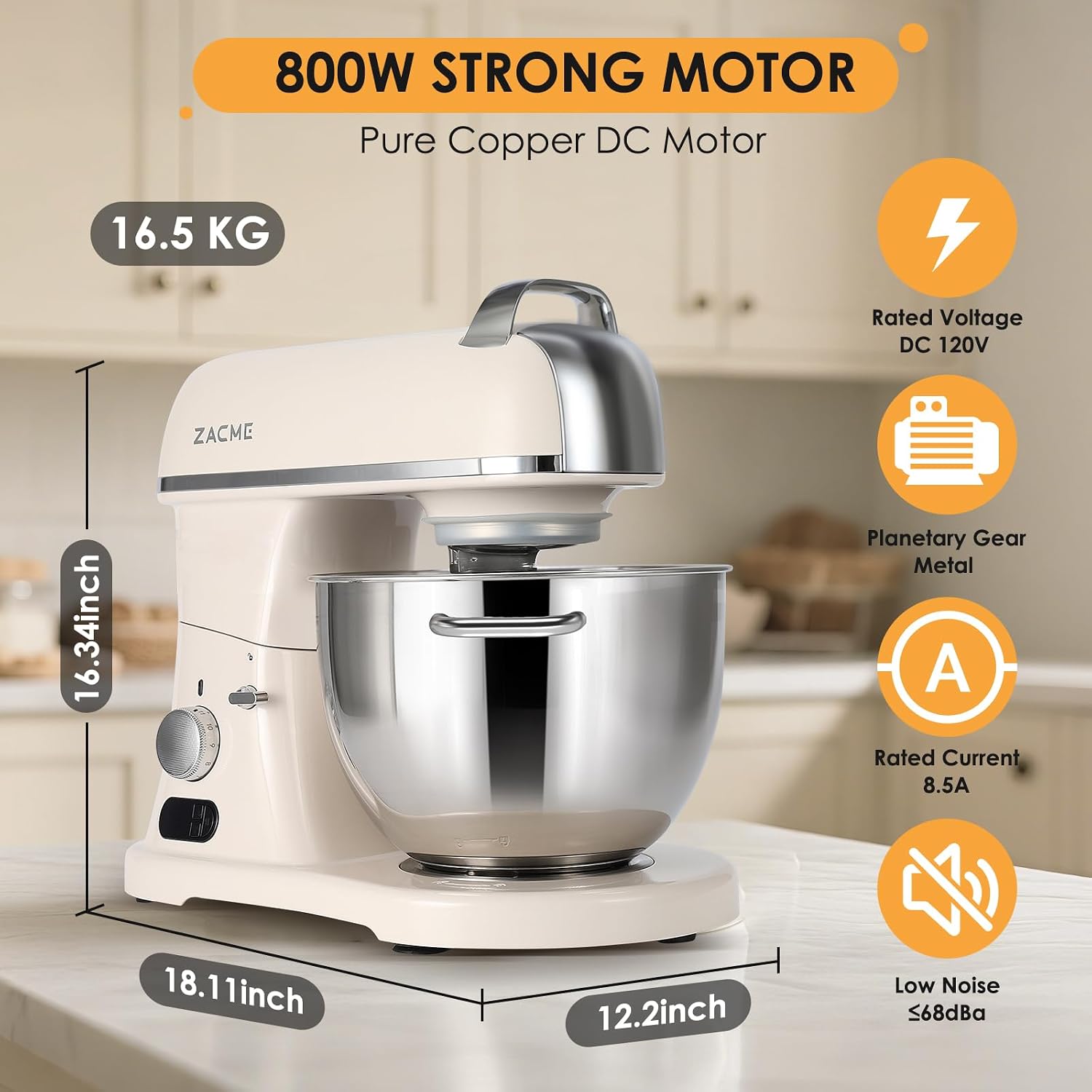 8.4QT Commercial Stand Mixer 800W with Aluminum Die Casting Meets the Standard of NSF/ANSI 8-2023, Electric Kitchen Stand Mixer with Stainless Steel 8L Bowl, Dough Hook, Whisk and Beater