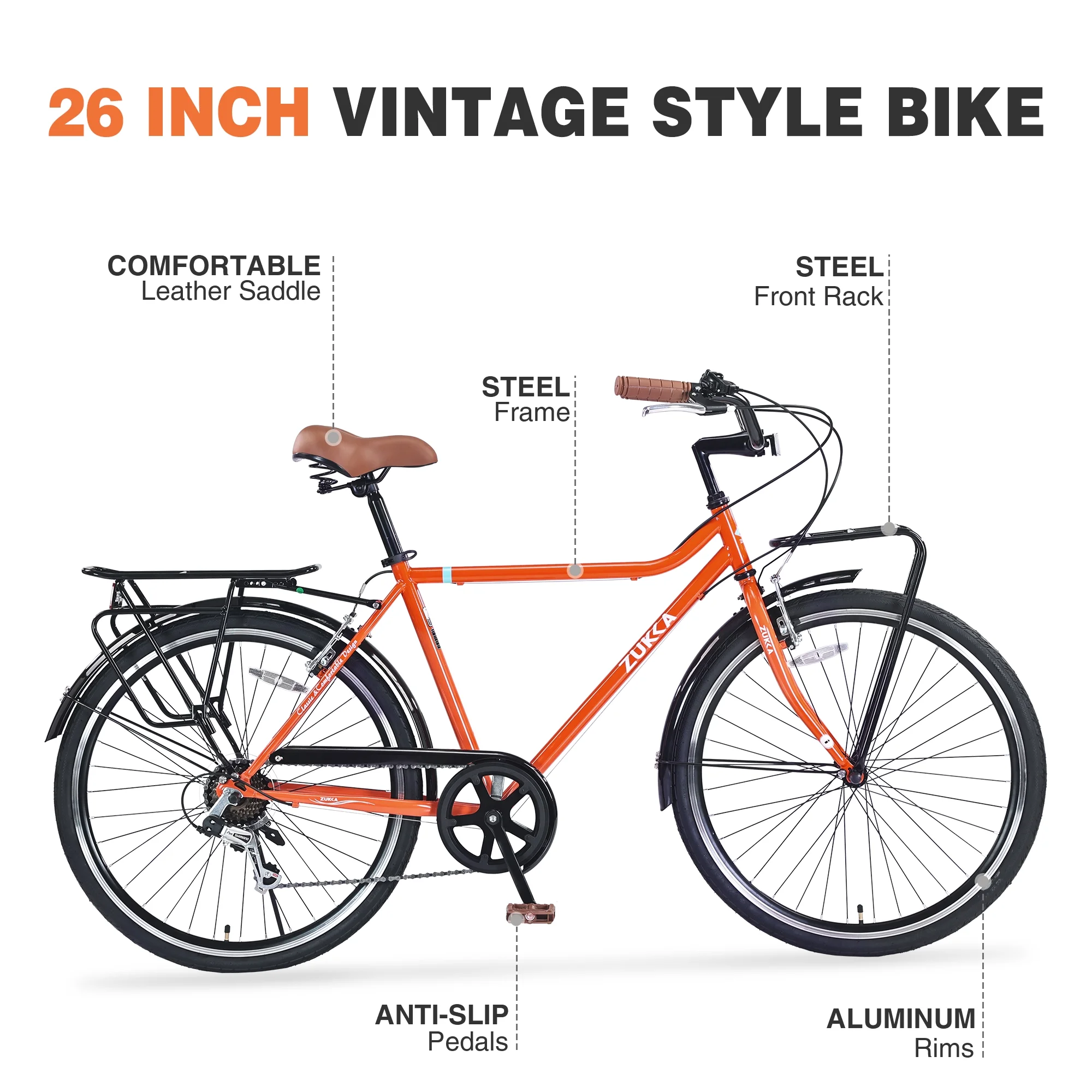 Ambifirner Retro Cruiser Bike - 7 - Speed Shimano Drivetrain & Classic Steel Frame - Vintage Commuter Bicycle with Cargo Racks & Leather Saddle (85% Pre - Assembled, Sunset Orange)