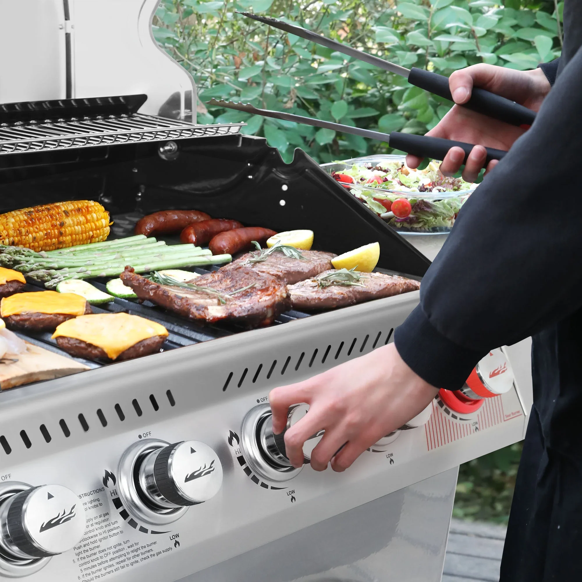 Gourmet GA6402S Stainless Steel Gas Grill, Premier 6-Burner BBQ Grill with Sear Burner and Side Burner, 74,000 BTU, Cabinet Style, Outdoor Party Grill, Silver