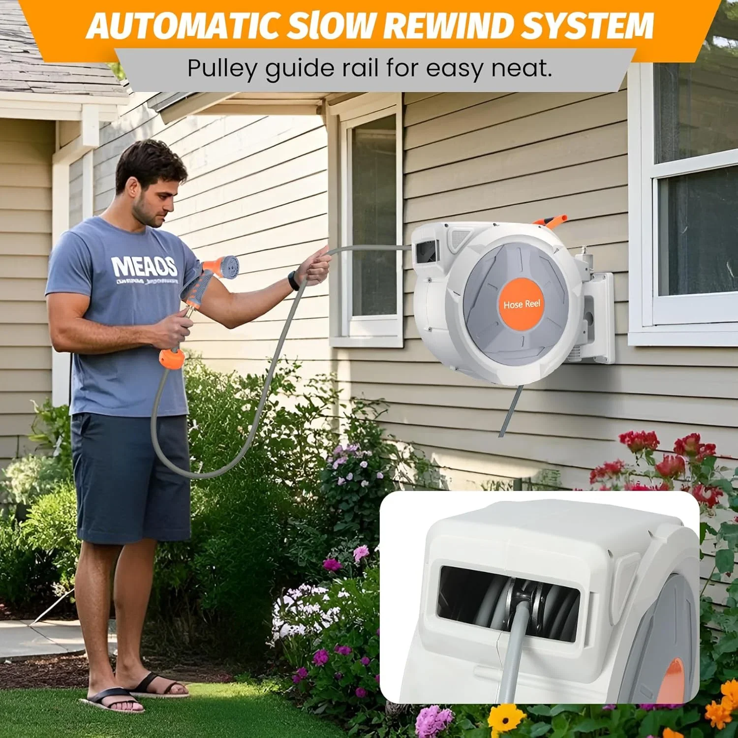 Auto-Retract Wall-Mounted Garden Hose Reel w/9-Pattern Nozzle, 180�� Swivel & Any-Length Lock, 600PSI Durable