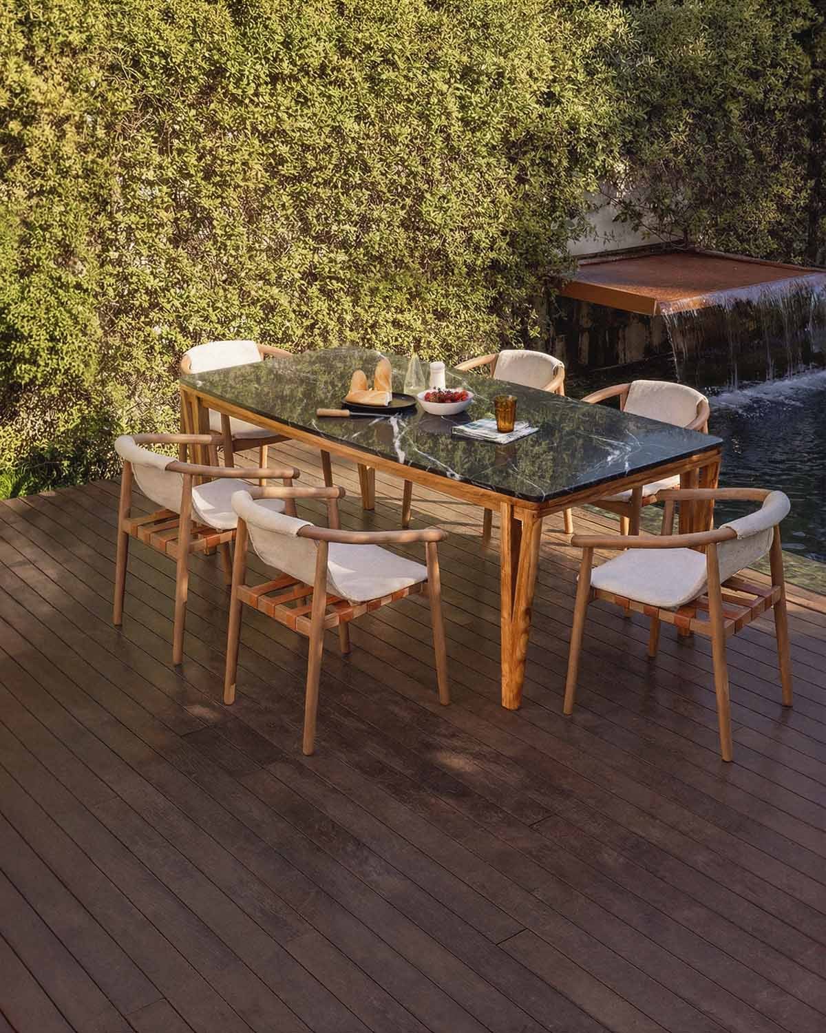 Mundy - Mesa de Exterior Rectangular de Mármol y Madera de Acacia (220x100 cm) Mundy