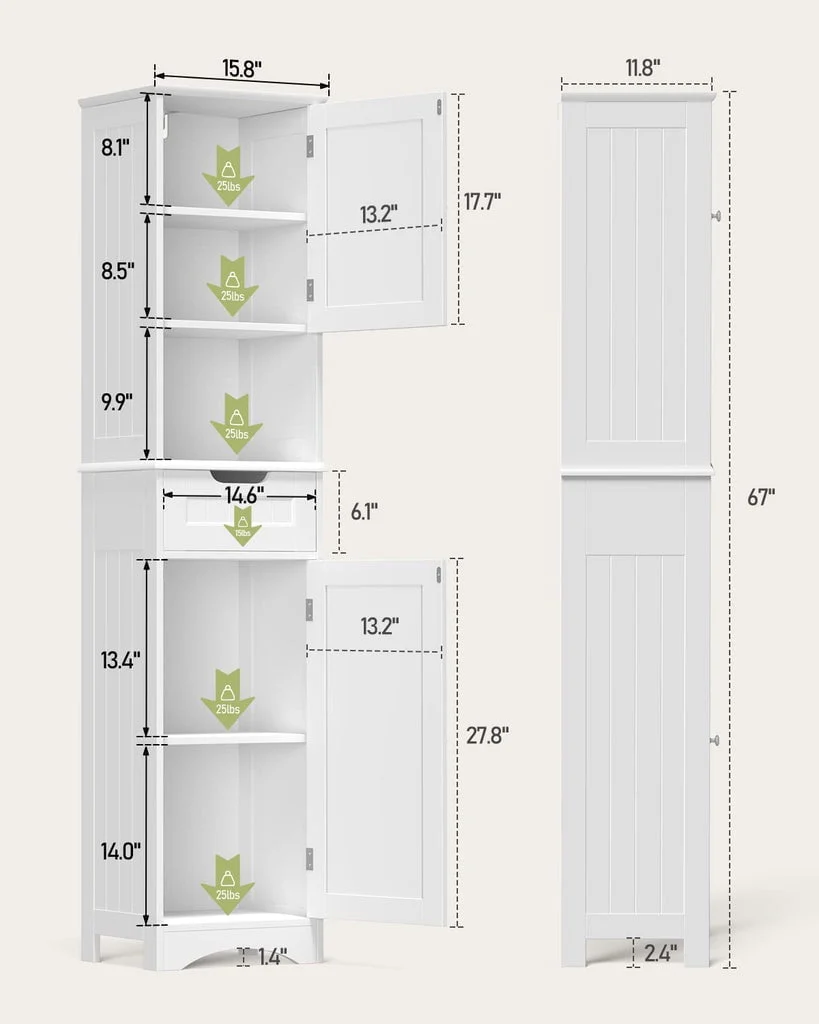 67"H Bathroom Storage Cabinet with 2 Doors and 1 Drawer for Bathroom, Bedroom, Kitchen, and Living Room White Image 4