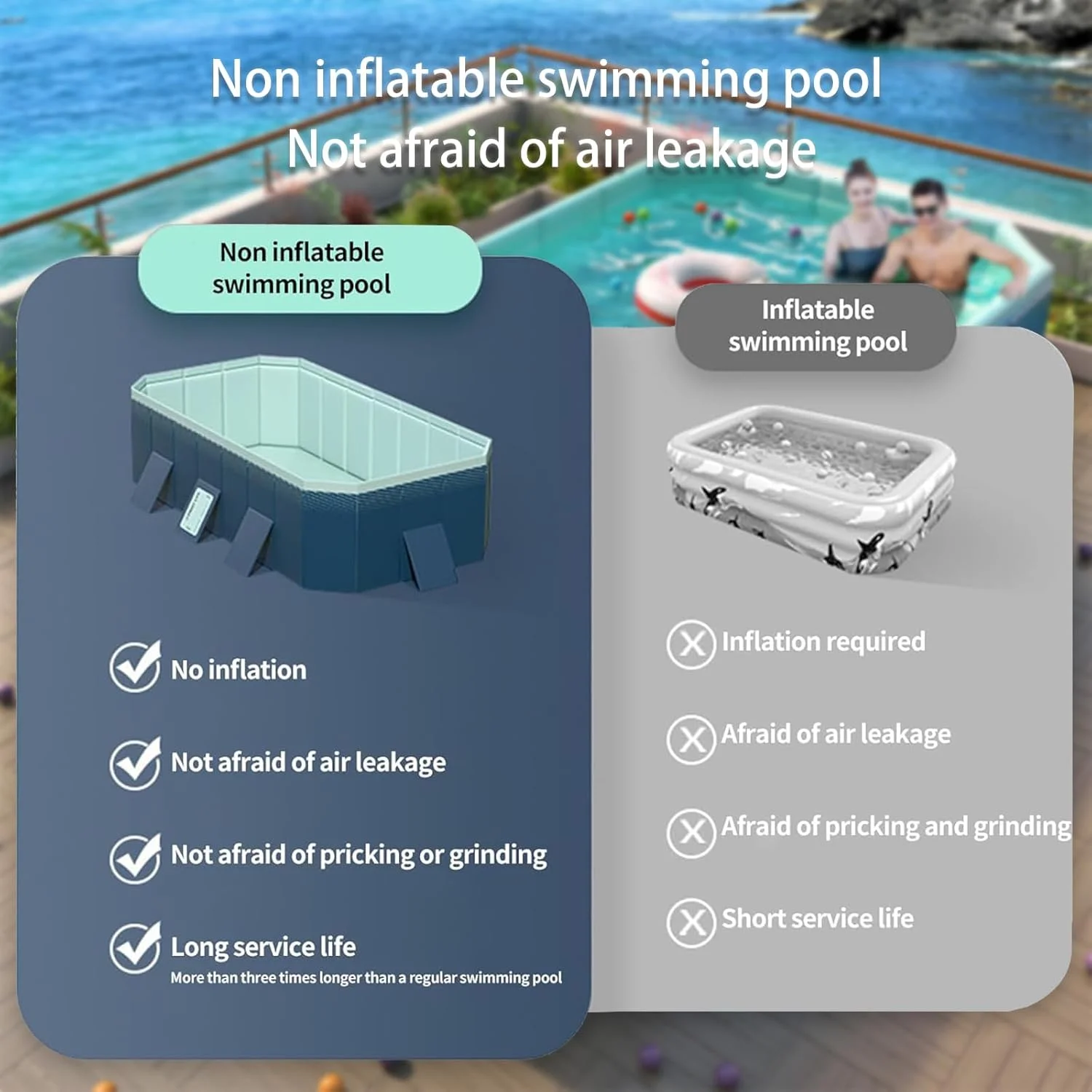 101"Foldable Swimming Pool for 1-6 People,Non-Inflatable Above Ground Garden Pool for Kids, Family(Blue)(100.78" x 65.74" x 19.68"/Blue) - Image 10